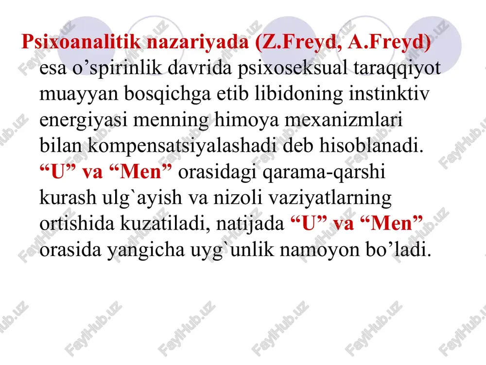 an psixologik yangi qirralardandir. g`arb psixologlari tomonidan o’zini o’zi anglash, aniqlash jarayoni identifikatsiyaning rivojlanish jarayoni sifatida talqin etiladi. e.erikson shaxs identifikatsiyasini izlashni ulg`ayish davrining markaziy muammosi sifatida ko’rib chiqadi. identifikatsiya shaxsning o’zini o’zi anglash tahlil qilishi bo’lib, u uzluksiz ravishda quyidagi savollarga javob izlashga urinadi: “men qandayman? men qanday bo’lishni istar edim?” men haqimda nima deb uylashyapti?” ulg`ayish davrida jismoniy va psixologik transformatsiya hamda yangi ijtimoiy kutuvlar ta`sirida identifikatsiyaning yangi qirralarini ochilishiga qarshi bo’lmagan oilaviy gender va kasbiy rollar bilan bog`liq bo’lgan xususiyatlarni birlashtirishi, ziddiyatlardan qochishi, o’ziga bergan bahosi bilan o’zgalarning bahosini muvofiqlashtirishi zarur. eriksoning fikricha, identifikatsiya inqirozi qator qarama-qarshiliklardan iborat: -vaqtinchalik obro’ yoki vaqtga nisbatan juda sezgirlik; -o’ziga ishonch yoki tortinchoqlik; -turli rollarni sinab ko’rish yoki birgina rollar bilan cheklanib qolish; -o’quvchilik yoki mehnatdan qochish; -jisniy seksual etilishi yoki biseksual yo’nalganlik; -liderlar ijrochi munosabati yoki obruning noaniqligi; -diniy e`tiqod yoki qadriyatlar tizimining chalkashligi. indentifikatsiya jarayonini to’laqonli anglab etilmaganligi o’spirin …