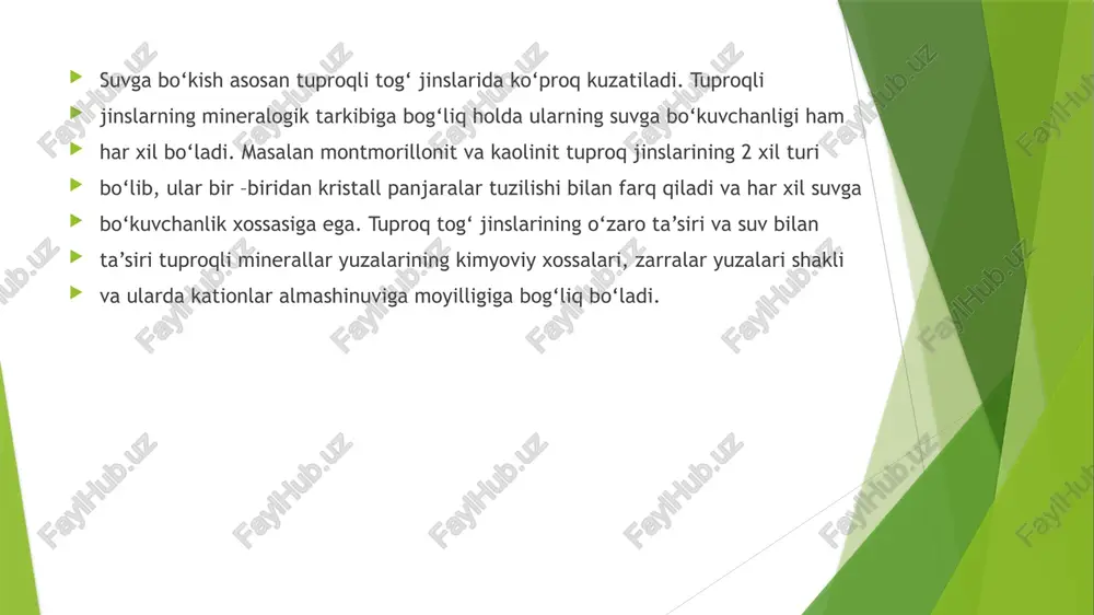 igi); 𝑔𝑞 = (𝑔4 − 𝑔1)-quruq namunaning og‘irligi (𝑔4–disk va quruq namunaning birgalikdagi og‘irligi); 𝑔 = (𝑔3 − 𝑔1)-nam holdagi namunaning tajribadan keying og‘irligi (𝑔3- disk va tajribadan keying namunaning birgalikdagi og‘irligi). bunda 𝑊𝑘– tog‘ jinsi bo‘kishi uchun kerak bo‘ladigan suyuqlik miqdorini tavsiflaydi. 11. bo‘kish ko‘rsatkichi qiymati quyidagi formula bo‘yicha hisoblanadi: 𝛥𝑉=𝛥ℎ/ℎ*100% bu erda: 𝛥 ℎ– indikatordan olingan boshlang‘ich va oxirgi sanoqlar o‘rtasidagi farq, mm. ℎ- namunaning boshlang‘ich balandligi bo‘lib uning balandligi disk balandligiga teng bo‘ladi, mm. image1.png
