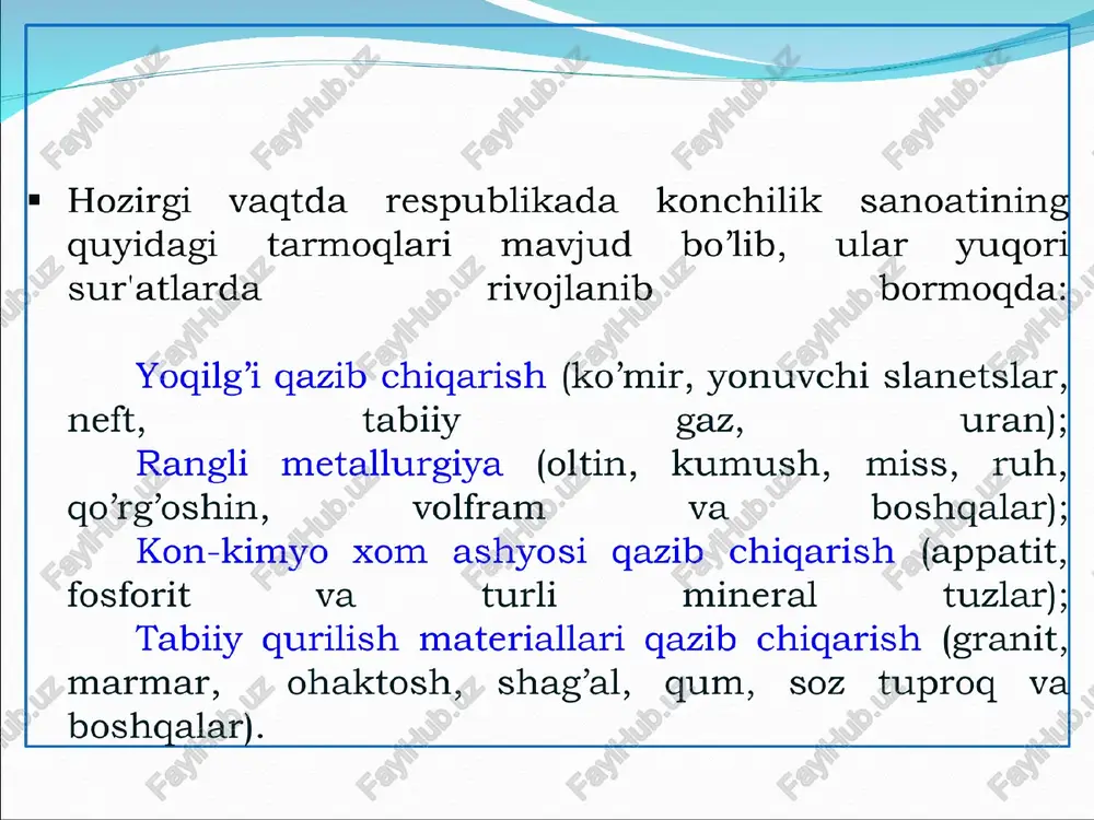 mladan, oltin, kumush, molibden, kadmiy, indiy, tellur, selen, reniy, kobal’t, nikel, osmiy va boshqalar ham qazib olinadi. rangli metallar rudalarining zahiralari asosan olmaliq ruda maydonida jamlangan. qo’rg’oshin-ruh asosan jizzax viloyatining uchquloch va surxondaryo viloyatining xondiza konlarida jamlangan. xondizadagi konda qorg’oshin va rux bilan birga mis, kumush, kadmiy selen, oltin va indiy bor. selen va tellurdan asosan yarim o’tkazgichlar, quyosh batareyalari, termogeneratorlar, po’lat, shishaning maxsus navlarini ishlab chiqarishda foydalaniladi. o’zbekiston reniyning noyob zahiralariga ega. u olmaliq konlaridagi mis rudalari bilan bog’liq. sanoatda reniydan aviatsiya va kosmik texnika uchun o’tga chidamli qotishmalar, elektron uskunalar, neftni parchalash uchun katalizatorlar ishlab chiqarishda keng foydalaniladi metalurgiya bo'lim mis eritish zavodi konsentratlar va tarkibida mis hamda qimmatbaho metallar bo’lgan sanoat xom ashyosini qayta ishlash va tayyor mahsulot olish. cathode tubes plates wires * rux zavodi rux konsentratini va tarkibida rux bo’lgan sanoat xom ashyosini qayta ishlaydigan zavod. asosiy mahsulotlari metalli rux, metalli kadmiy, oltingugurt kislotasi, rux …