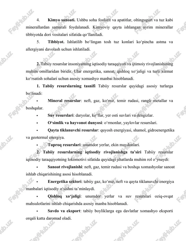 vojlanishga ta’siri tabiiy resurslar iqtisodiy taraqqiyotning lokomotivi sifatida quyidagi jihatlarda muhim rol o‘ynaydi: · sanoat rivojlanishi: neft, gaz, temir rudasi va boshqa xomashyolar sanoat ishlab chiqarishining asosi hisoblanadi. · energetika sektori: tabiiy gaz, ko‘mir, neft va qayta tiklanuvchi energiya manbalari iqtisodiy o‘sishni ta’minlaydi. · qishloq xo‘jaligi: unumdor yerlar va suv resurslari oziq-ovqat mahsulotlarini ishlab chiqarishda asosiy manba hisoblanadi. · savdo va eksport: tabiiy boyliklarga ega davlatlar xomashyo eksporti orqali katta daromad oladi. 3. tabiiy resurslardan foydalanishdagi muammolar. tabiiy resurslardan noto‘g‘ri foydalanish turli muammolarni keltirib chiqaradi: · resurslarning kamayishi: haddan tashqari qazib olish natijasida ko‘plab resurslar kamaymoqda. · ekologik muammolar: havo va suv ifloslanishi, o‘rmonlarning kesilishi ekologik muhitga salbiy ta’sir ko‘rsatmoqda. · iqtisodiy nomutanosiblik: tabiiy resurslarga bog‘liq davlatlarda iqtisodiy o‘sish barqaror bo‘lmaydi. 4. barqaror foydalanish tamoyillari. resurslarni kelajak avlodlar uchun saqlab qolish maqsadida quyidagi chora-tadbirlar amalga oshirilishi lozim: · qayta tiklanuvchi energiya manbalaridan foydalanish. · resurslarni tejash va samarali boshqarish. · …
