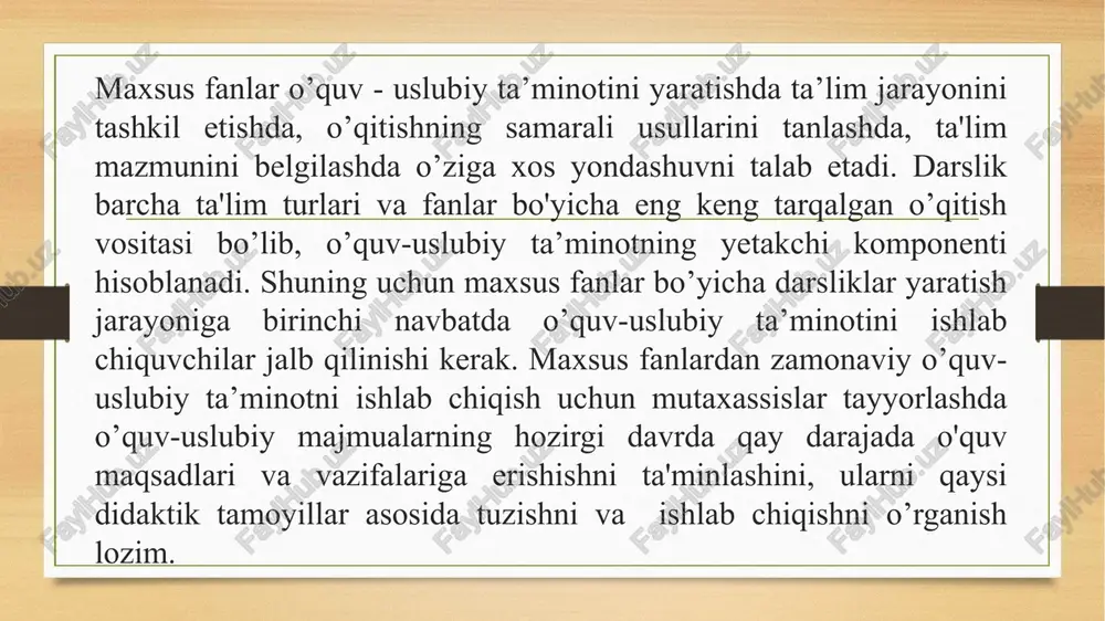 cha ilmiy texnikaviy topshiriqlarni ishlab chiqish, ta’lim oluvchilarning faoliyatidagi psixologik jihatlarini ham o’rganish talab qilinadi. mutaxassislik fanlari o’quv-uslubiy majmuasini tahlil qilish o’qituvchiga, uslubchiga, ishlab chiqarish ta’limi ustasiga mashg’ulotlarni o’tkazish uchun kerakli o’qitish materiallarini loyihalash, ishlab chiqish va tayyorlash imkoniyatini yaratadi. image5.png image6.png image3.png image4.png /docprops/thumbnail.jpeg