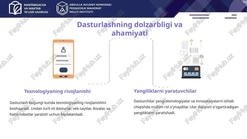 alarini, algoritmlar, pseudokod, o'zgaruvchilar, operatorlar, va funksiyalar haqida bilib oldingiz. 2 amaliy mashqlar siz hour of code platformasi orqali amaliy mashqlar bajarib, o'z bilimingizni mustahkamladingiz. 3 keyingi qadamlar siz o'rgangan bilimlaringizni qo'llab, yangi dasturlar yozish va muammolarni hal qilishda amaliy foydalanishingiz mumkin. "muvaffaqiyat daraxti" image1.png image2.png image3.svg image4.png image5.png image6.jpeg image7.png image8.png image9.png image10.png image11.png image12.png image13.png image14.png image15.png image16.png image17.png image18.png image19.png image20.png image21.png image22.png image23.png image24.png image25.png image26.png image27.png image28.png image29.png image30.png image31.png /docprops/thumbnail.jpeg