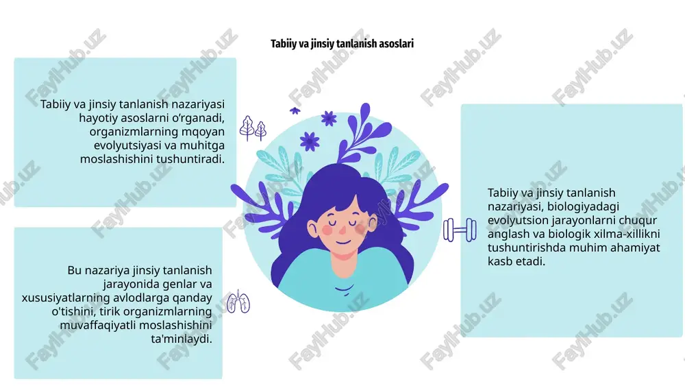 xillikni oshiradi va turlarni mustahkamlaydi. mental health infographics tabiiy va jinsiy tanlanish nazariyasi insonlarning biologik va evolyutsion jarayonlarini tushunishda muhim ahamiyatga ega. bu nazariya turli hayvon va inson jinslarining rivojlanishini o'rganadi. kelajakda jinsiy tanlanish tadqiqotlari yangi kashfiyotlar bilan to'lib, inson va tabiat o'rtasidagi bog'liqlikni yaxshiroq tushunishga yordam beradi. bu sohada yangi texnologiyalar rivojlanmoqda. jinsiy tanlanish nazariyasi insonga o'zgarishlar va moslashuvlarni anglashda yordam berib, kelajakda sog'liq va ovqatlanish kabi muhim sohalarga ta'sir qiladi. e’tiboringiz uchun rahmat