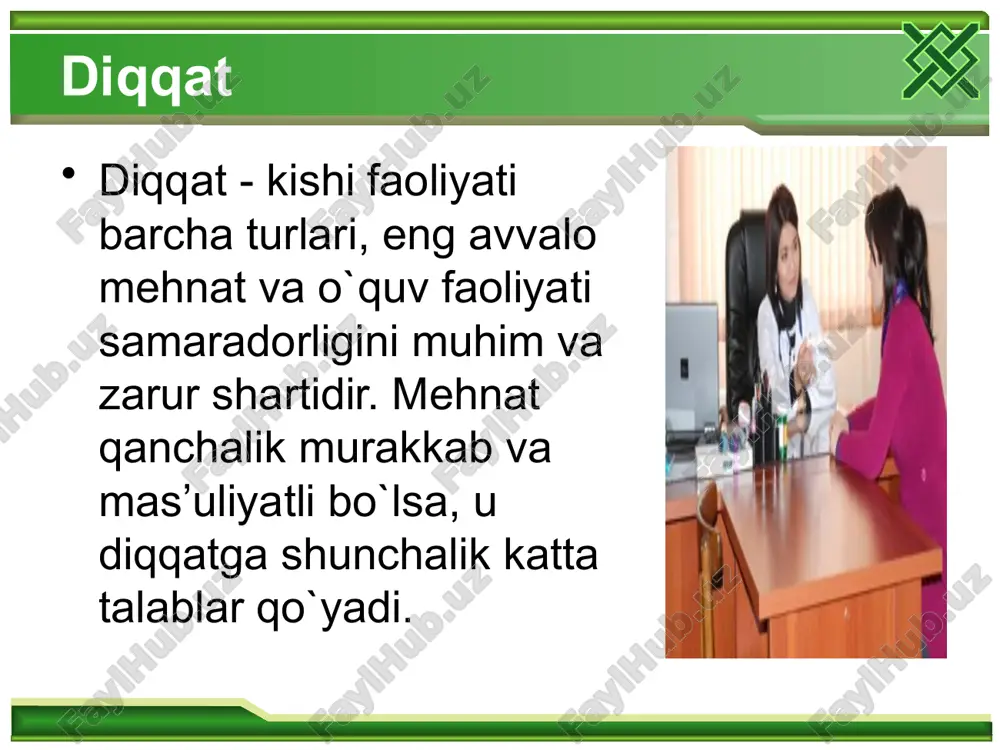 i va undan ko'proq faoliyat turlari- ning (bir qancha harakatlarning) bir vaqtning o'zida muvaffaqiyatli bajarish imkoniyati bilan bog'liq xususiyat. diqqatning yuksak daraja- da taqsimlanishi - ko'pgina hozirgi zamon mehnat turlari muvaffaqiyatliligining muqarrar shartlaridan biridir. masalan, operatorlar, ko'plab dastgohlarda ishlovchilar, transport haydovchilari va boshqalarning ishi ana shuni talab qiladi. diqqatning ko'chishi ma'lum obyektning bir faoliyatdan ikkinchi bir faoliyatga, bir obyektdan ikkinchi bir obyektga, bir harakatdan ikkinchi bir harakatga o'tishida namoyon bo'ladi. diqqatning ko'chi- shi yo ongli ravishdagi xulq-atvorga, faoliyatning talablariga yoki o'zgarib ketayotgan shart-sharoitlarga muvofiq tarzda yangi faoliyatga kirishish zaruratiga bog'liq bo'ladi. faqat obyektlar va jarayonlar o'zgarib, faoliyat esa uzoq vaqt da- vomida o'zgarmasdan qolgan hollarda diqqatning barqarorligi doirasi- da uning ko'chishi yuz beradi. bunday ko'chish uzoq davom etadigan ish paytida charchashning oldini oladi va shu bilan diqqatning barqarorligini oshiradi. lekin bu tez-tez takrorlanavermasligi lozim, aks holda salbiy oqibatlarga olib kelishi mumkin diqqatning salbiy jihatlaridan biri parishonxotirlikdir. parishonxo- tirlik diqqatni uzoq …