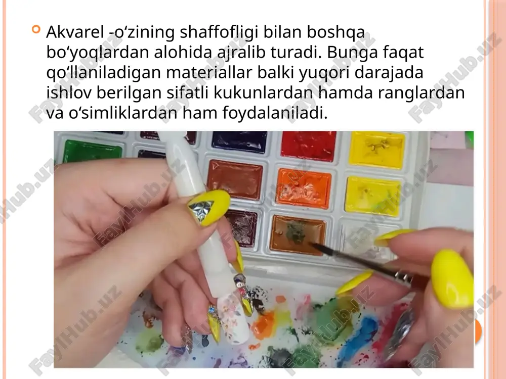 chun to‘q yashil kuzgi daraxt uchun esa qizil alvonrang va siyohranglardan foydalaniladi . yerdan o‘sib chiquvchi yovvoyi gular va o‘tlarni tasvirlashda asosan grizayl usulida tasvirlanadi. maysalar kichik va katta shaklda bo‘lib rangtasvir qoidalariga rioya qilishni unutmaslik kerak. o‘t-o‘lanlar albatta yer rangiga o‘tishi kerak, bo‘lmasa umumiylik yo‘qoladi. rejaga qarab uzoq yaqinligi va havo perspektivaga e’tibor berib och to‘ligi hisobga olinadi. gullar ishlanganda misol uchun, moychechak (gulning yaprog‘i oq rangda bo‘lganligi sababli qog‘ozning o‘zi oq rang vazifasini bajaradi. ranglar nam qog‘ozga ketma ketlik asosida qo‘yib ishlanadi. och ranglar ustiga to‘q ranglar qo‘yiladi. ishning birinchi qismi fon bilan ishlash va asosiga issiq ranglardan foydalanilgan holda gul yaprog‘lari ishlaniladi. barcha yaprog‘li gullar shu tartib asosida bo‘yaladi akvarelda naturadan manzara ishlash eskizi uchun tuslarni ajratib olishga xizmat qiladi.ushbu eskizda sovuq ranglarda foydalanilgan. eng to‘q joylari orqali tuslar belgilab olinadi. och va to‘q ranglardan foydalanish orqali uyg‘unlik aks ettiriladi. uyg‘unlik nima-uyg‘unlik katta, o‘rta va kichik kabi …