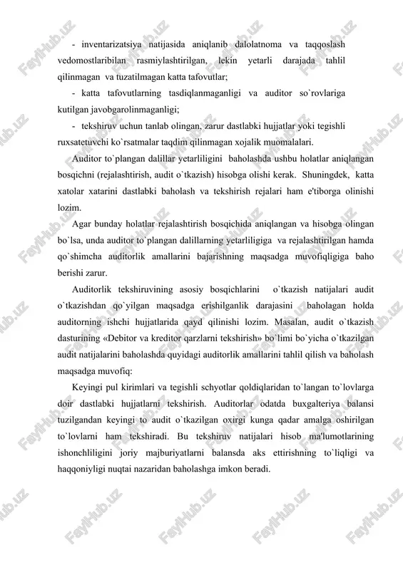 udit haqida shartnoma ko`zda tutilgan davr ichidagi korxonaning moliyaxojalik faoliyatini auditorlik tekshiruvidan o`tkazish to`g`risida hisobot. 2.moliyaviy hisobot bo`yicha auditorlik xulosasi. o`zbekiston respublikasining «auditorlik faoliyati to`g`risida»gi qonunning 18moddasiga muvofiq: «auditorlik hisoboti auditorlik tekshiruvining borishi, buxgalteriya hisobini yuritishning belgilangan tartibidan aniqlanagan chetga chiqishlar, moliyaviy hisobotdagi qoidabuzarliklar to`g`risidagi mufassal ma`lumotlardan, shuningdek auditorlik tekshiruvi o`tkazish natijasida olingan boshqa axborotdan iborat bo`lgan va xojalik yurituvchi subekt rahbariga, mulkdorga qatnashchilarining umumiy yig`ilishiga yo`llangan hujjat». 70-sonli «auditorlik hisoboti va moliyaviy hisobot to`g`risida»gi auditorlik xulosasi nomli afms ga muvofiq auditorlik xulosasi tarkibi quyidagicha: a) nomi; b) adresat nomi; v) kirish qismi; g) tahlil qismi; d) yakuniy qism. auditorlik hisoboti moliyaviy hisobotni auditorlik tekshiruvidan o`tkazgan auditor tomonidan betma-bet imzolanishi lozim. auditorlik hisoboti auditorlik tekshiruvining buyurtmachisiga buyurtmachining barcha zarur rekvizitlari ko`rsatilgan holda jo`natiladi. auditorlik hisobotining kirish qismida auditorlik tashkilotining rekvizitlari, shu jumladan auditorlik faoliyatini amalga oshirish uchun berilgan litsenziyaning raqami va sanasi, auditorlik va auditorlar tekshiruvidan qatnashgan boshqa shaxslar haqida …