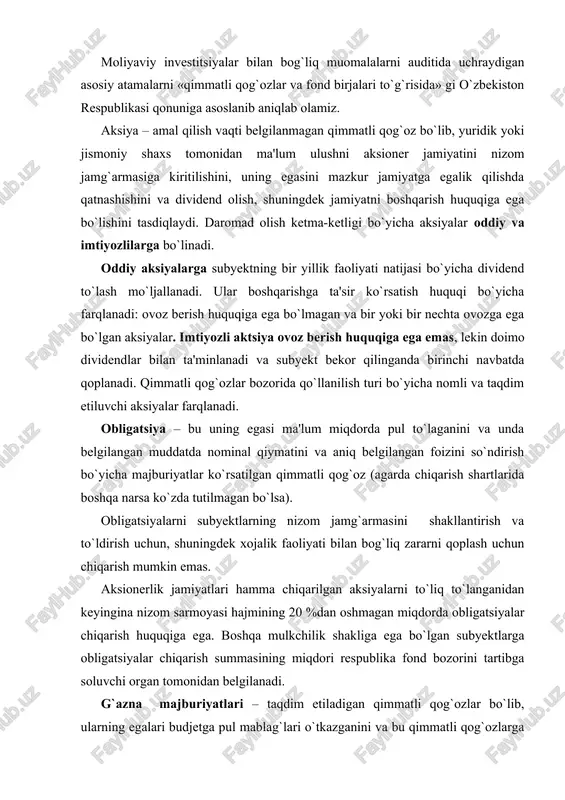 ubyektlarning nizom jamg`armasini shakllantirish va to`ldirish uchun, shuningdek xojalik faoliyati bilan bog`liq zararni qoplash uchun chiqarish mumkin emas. aksionerlik jamiyatlari hamma chiqarilgan aksiyalarni to`liq to`langanidan keyingina nizom sarmoyasi hajmining 20 %dan oshmagan miqdorda obligatsiyalar chiqarish huquqiga ega. boshqa mulkchilik shakliga ega bo`lgan subyektlarga obligatsiyalar chiqarish summasining miqdori respublika fond bozorini tartibga soluvchi organ tomonidan belgilanadi. g`azna majburiyatlari – taqdim etiladigan qimmatli qog`ozlar bo`lib, ularning egalari budjetga pul mablag`lari o`tkazganini va bu qimmatli qog`ozlarga egalik qilish muddati davomida aniq belgilangan daromad olish huquqini beruvchi ko`rsatuvchi egalik qiladigan davlat qimmatli qog`ozlaridir. g`azna majburiyatlari quyidagi turlarda chiqariladi: uzoq muddatli – 5 yil va undan uzoq bo`lgan muddatga, o`rta muddatli – 1 yildan 5 yilgacha, qisqa muddatli 1 yilgacha bo`lgan muddatga. uzoq va o`rta muddatli g`azna majburiyatlarini chiqarish bo`yicha qaror o`zbekiston respublikasining vazirlar mahkamasi tomonidan qabul qilinadi. qisqa muddatli g`azna majburiyatlarini chiqarish bo`yicha qarorni o`zbekiston respublikasi moliya vazirligi qabul qiladi. g`azna majburiyatlarini chiqarish to`g`risidagi …