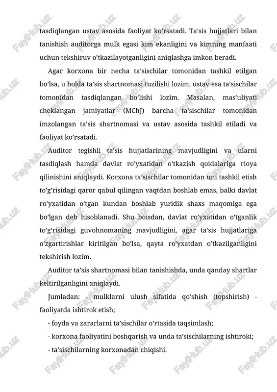 klini e’tiborga olish zarur. masalan, aktsiyadorlik jamiyatining ta’sischilari tomonidan tasdiqlangan ustavida, ustav kapitalining ko’lami to’g’risidagi ma’lumotlar bilan birga jamiyat tomonidan chiqariladigan aktsiyalarning toifalari, ularning nominal qiymati va miqdori, aktsiyadorlarning huquqlari to’g’risidagi shartlar har xil bo’lishi lozim. aktsiyadorlik jamiyatining barcha aktsiyalari bir aktsiyador tomonidan sotib olinganda, aktsiyadorlik jamiyatini bir kishi tashkil etgan hisoblanadi yoki bir aktsiyadordan iborat bo’ladi. bu holdagi ma’lumotlar aktsiyadorlik jamiyati ustavida qayd qilingan, ro’yxatga olingan va hamma tanishishi uchun e’lon qilingan bo’lishi kerak. ishtirokchilar tarkibini tahlil qilishda, aktsiyadorlik jamiyati va mas’uliyati cheklangan jamiyat yagona ishtirokchisi sifatida, bitta shaxsdan iborat xo’jalik yurituvchi sub’ekt bo’la olmasligiga e’tibor berishi kerak. aktsiyadorlik jamiyatlari va mas’uliyati cheklangan jamiyatlarda ham yuridik shaxslar, ham jismoniy shaxslar ta’sischi sifatida ishtirok etishlari mumkin. qo’shma korxona ustav kapitaliga o’zbekistonlik ishtirokchi tomonidan qo’shiladigan hissa xorijiy ishtirokchilar bilan kelishuvga ko’ra milliy valyutada qanday baholansa, kelishilgan baholar bo’yicha chet el valyutasida ham jahon bozoridagi bahoni hisobga olgan holda shunday baholanadi. xorijiy …