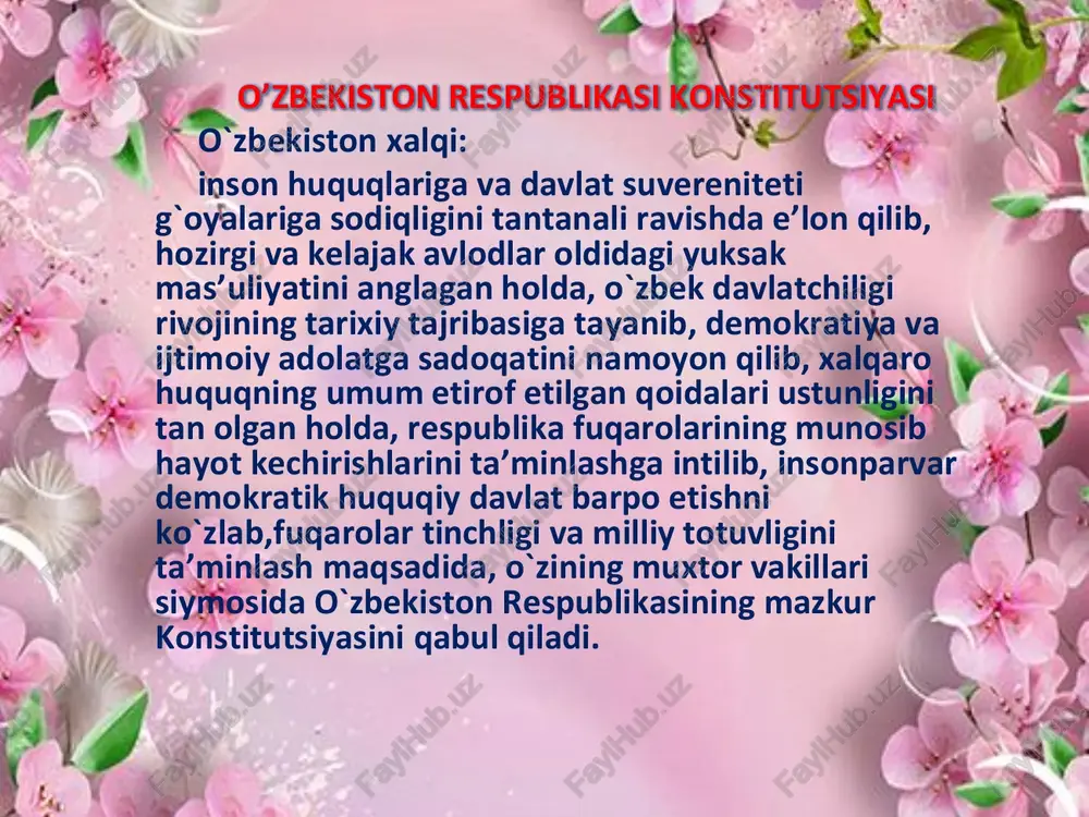 nda yashovchi har bir fuqaro uchun quvonchli voqea ekanligi ta'kidlanadi. • yosh avlodni ma'naviy barkamollik tamoyillari negizida tarbiyalashda, ularning qalbida vatan tuyg`usi o`z el-yurtiga mehr- muhabbat va sadoqat hislarini shakllantirishda davlat ramzlari mohiyatini ochib berishda konstitutsiyamizning 1-bo`limi 1-bob, 4-5 modda 2-bo`lim 11- bob, 52-moddalaridan foydalanish lozim. bu mavzuni yoritishda gerb, bayroq rasmlarini namoyish qilish kerak. gerbdagi xumo qushi, sakkiz qirrali yulduz, paxta, bug`doy boshoqlari, vodiy, tog`lar, daryolar, zarrin nurini sochib turgan quyosh qanday ma'noni anglatadi. bular haqida ko`proq tushuntirish kerak. • bolalar va o`smirlar o`rtasida huquqiy bilimni kuchaytirish, ularni konstitutsiyaviy huquq sohasidan xabardor qilish talab etiladi. huquqiy madaniyatli inson qonunni hurmat qiladi. qabul qilingan qonunlar kim, nima uchun ekanligini tushungan holda unga itoat etadi. bu konstitutsiyamizning 3-bo`lim 5 -bob 18-moddasida o`z aksini topgan. kitobxon bolalarni iqtisodiy va ijtimoiy huquqlari ya'ni mulkdor bo`la olish, merosxo`rlik, mehnat qilish, erkin kasb tanlash, malakali tibbiy xizmatdan foydalanish, bepul umumiy ta'lim olish, davlat tomonidan nazoratda …