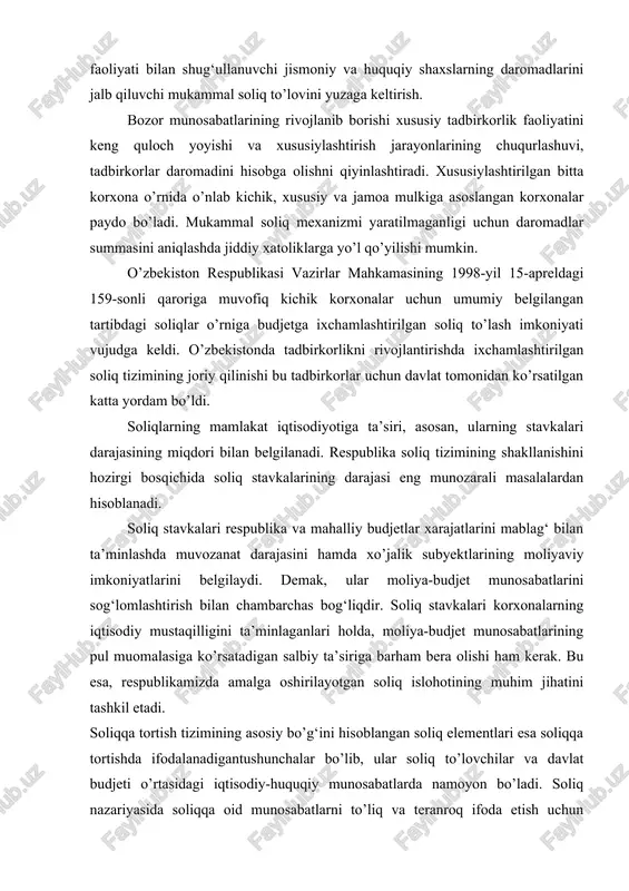 g muhim jihatini tashkil etadi. soliqqa tortish tizimining asosiy bo’g‘ini hisoblangan soliq elementlari esa soliqqa tortishda ifodalanadigantushunchalar bo’lib, ular soliq to’lovchilar va davlat budjeti o’rtasidagi iqtisodiy-huquqiy munosabatlarda namoyon bo’ladi. soliq nazariyasida soliqqa oid munosabatlarni to’liq va teranroq ifoda etish uchun iqtisodiy voqeliklarni har bir kichik guruhlari muayyan nomdagi iboralar bilan izohlanadi. soliq elementlari ham xuddi shunday soliqqa oid iqtisodiy hodisalarni izohlashga xizmat qiluvchi yaxlit tushunchadir. soliq elementlari tushunchasi soliqqa tortish tizimining muhim tarkibiy qismi bo’lib, uning o’zi ham kichik tizimni tashkil etadi, ya’ni soliq elementlari ham bir necha iqtisodiy kategoriyalarni yaxlit holdagi harakatini bildiradi. soliq elementlari bir nechta tushunchalardan iborat bo’lib, ular tarkiban: soliq subyekti, soliq obyekti, soliq predmeti, soliq manbai, soliqqa tortish birligi, soliq stavkasi, soliq imtiyozlari, soliq normasi, soliqni to’lash muddatlari, soliq yuki, soliq bazasini hisoblash usullari, soliqqa tortish usullari kabi tushunchalarni qamrab oladi. soliq subyekti — soliq to’lash majburiyati yuklangan yuridik va jismoniy shaxslar yoki boshqacha qilib …