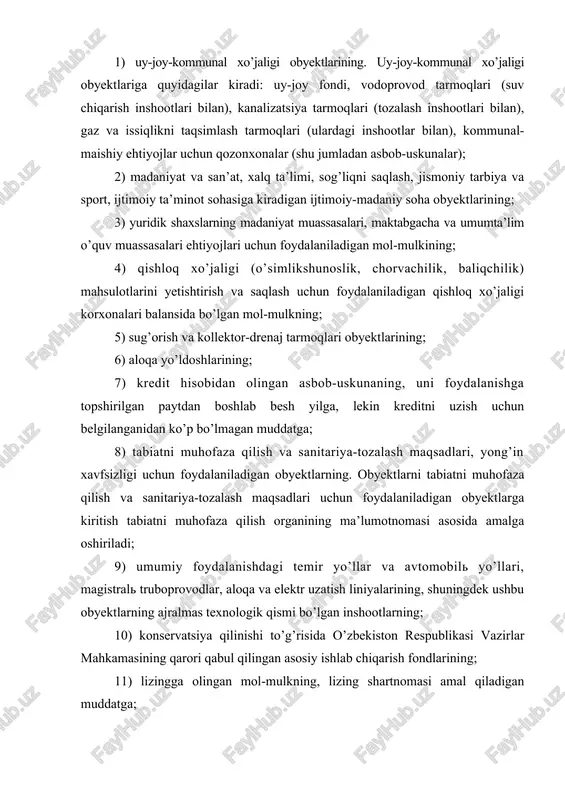 inishi to’g’risida o’zbekiston respublikasi vazirlar mahkamasining qarori qabul qilingan asosiy ishlab chiqarish fondlarining; 11) lizingga olingan mol-mulkning, lizing shartnomasi amal qiladigan muddatga; 12) soliq to’lovchining balansida bo’lgan hamda tadbirkorlik faoliyatida foydalanilmayotgan, fuqaro muhofazasi va safarbarlik ahamiyatiga molik obyektlarning; 13) shahar va shahar atrofidagi yo’nalishlarda yo’lovchilar tashiydigan shahar yo’lovchilar transporti tashkilotlari transport vositalarining (avtobuslar, tramvaylar, trolleybuslar, metropoliten poezdlari); 14) tuzilgan shartnomalarga muvofiq yuridik shaxsning buyurtmasi bo’yicha ishlar bajarish uchun kasanachilarga bepul foydalanishga berilgan asbob-uskunalarning (foydalanish davriga); 15) telekommunikatsiyalar tarmoqlarida tezkor-qidiruv tadbirlari tizimi texnik vositalarining; 16) ishlab chiqarishga yangi joriy etilgan yangi texnologik jihozlarning, besh yillik muddatga. yangi texnologik jihozlar olingan (import qilingan) paytdan e’tiboran uch yil ichida realizatsiya qilingan yoki bepul berilgan taqdirda, mazkur imtiyozning amal qilishi mol-mulk solig’ini to’lash majburiyatlari imtiyoz qo’llaniladigan butun davr uchun tiklangan holda, bekor qilinadi. yuridik shaxslarning mol-mulkiga solinadigan soliqdan quyidagilar ozod qilinadi: 1) sog’liqni saqlash, jismoniy tarbiya hamda ijtimoiy ta’minot, xalq ta’limi, madaniyat va san’at …