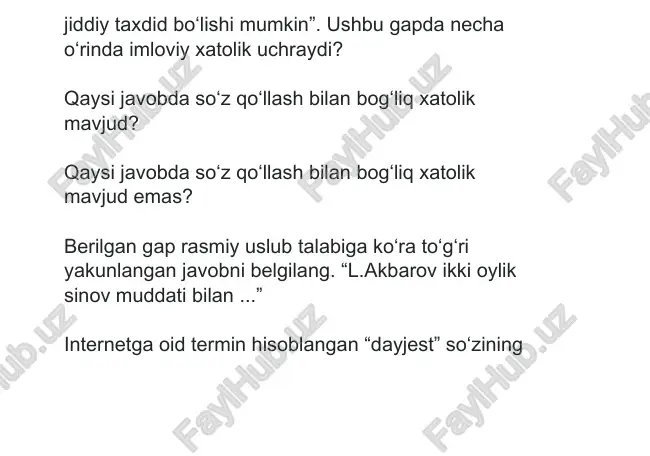 g. “auksionchi” so‘zining izohi to‘g‘ri berilgan javobni aniqlang. quyida berilgan parcha qaysi hujjat matniga tegishli? “u intizomli va mas’uliyatli xodim sifatida jamoada obro‘ qozongan. tashkilot ijtimoiy hayotida faol ishtirok etib kelmoqda” berilgan gapda nuqtalar o‘rniga qo‘yiladigan uslubiy jihatdan mos so‘zni belgilang. “murojaatingiz tashkilot vakolati ... o‘rganilganini ma’lum qilamiz.” berilgan gap rasmiy uslub talabiga ko‘ra to‘g‘ri yakunlangan javobni belgilang. “mazkur kamchilikka yo‘l qo‘ygan xodimlarga nisbatan ...” qaysi gapda faqat bir o‘rinda vergul tushirilgan? qaysi javobdagi juft so‘zning ikkala qismi o‘zaro ma’nodosh (sinonim) bo‘la olmaydi? “avg‘onistondagi qarama- qarshilik¬ning dunyo miqiyosida kelib chiqishi mumkin bo‘lgan havfli oqibatlarining oldini olish haqida jiddiy o‘ylash lozim”. ushbu gapda necha o‘rinda imloviy xatolik uchraydi? qaysi uslubda “qaror qilindi”, “inobatga olinsin”, “ijro uchun qabul qilinsin” kabi qoliplashgan so‘z va so‘z birikmalari keng qo‘llanadi? “bu yangilikning avzalligini tushinsa ham unga to‘g‘onoq bo‘layotganlar borligi achinarlidir”. ushbu gapda necha o‘rinda imloviy xatolik uchraydi? “litsenziya –muayan faoliyatni amalga oshirish uchun davlat organlari …