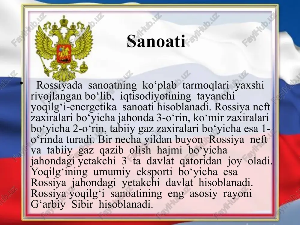 blasti) trolleybuslar ishlab chiqariladi. qishloq xo'jaligi. rossiya jahon mamlakatlari orasida eng katta yer fondiga ega, biroq qishloq xo‘jaligida foydalaniladigan unumli yerlar uning 10 % dan ziyodroq qismini tashkil etadi, xolos.rossiyaning turli hududlari qishloq xo‘jaligining ixtisoslashuvi bilan o‘zaro farqlanadi. tegishli tafovutlar ko‘proq iqlim sharoitiga bog‘liq. dehqonchilik dehqonchilikning eng muhim tarmog‘i donchilikdir. u, asosan, mamlakat janubi va janubi-g‘arbini egallagan dasht va o‘rmon-dasht zonalarida yaxshi rivojlangan. don ekinlarining yalpi hosili bo‘yicha rossiya jahon-ning yetakchi 5 ta davlatlari qatoriga kiradi va don, xususan, bug‘doy eksporti bo‘yicha jahon miqyosida ajralib turadi . don ekinlaridan tashqari rossiyada qandlavlagi, kartoshka, kungaboqar, zig‘ir ham muhim qishloq xo‘jalik ekinlari hisoblanadi. chorvachilik chorvachilikning asosiy tarmoqlari qoramolchilik, cho‘chqachilik, parrandachilik hisoblanadi. shimoliy hududlarida bug‘uchilik rivojlangan. baliq ovlash bering, oxota, yapon, barens, boltiq va kaspiy dengizlarida rivojlangan rossiya transporti transport yo‘llarining zichligi mamlakatning turli qismlarida keskin farq qiladi. bu holat tabiiy-iqlim sharoiti va aholi zichligi bilan bog‘liq. temir yo‘llar uzunligi bo‘yicha rossiya aqshdan …