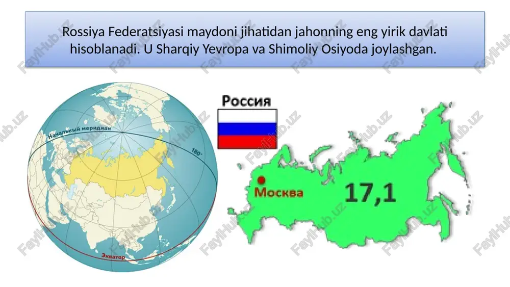 afik vaziyat rossiyada barqa­ror emas. aholi ko‘payishiga tashqi migratsiya sezilarli darajada ta’sir ko‘rsatmoqda. rossiyada shahar aholisining ulushi 75 % ga yaqin. eng yirik shaharlari – moskva (12 mln. kishidan ortiq) va sankt-peterburg (5 mln. kishidan ortiq). hozirda jami 15 ta «millioner» shahar mavjud. moskva sankt-peterburg yekaterinburg nijniy-novgorod rossiya ko‘p millatli davlat hisoblanadi. aholisining 81% i ruslarga to‘g‘ri keladi. umuman olganda, rossiya hududida 100 tadan ortiq tub millat va elatlar vakillari yashaydi. ruslardan tashqari, tatarlar, ukrainlar, boshqirdlar, chuvashlar, chechenlar va armanlarning soni 1 mln kishidan oshadi. shuningdek mamlakatning shimoliy o‘lkalarida o‘nlab kam sonli elatlar ham mavjud. rossiya ko‘p konfessiyali davlatdir (65-rasm). mamlakatdagi eng ko‘p sonli din pravoslav xristianlik hisoblanadi. unga ruslardan tashqari, ukrainlar, chuvashlar, mordvalar, osetinlar va boshqa bir qancha millat vakillari e’tiqod qiladi. 2 3 1 4 tatarlar, boshqirdlar, shimoliy kavkazdagi ko‘plab xalqlar islom diniga mansub. 1 3 2 buryatlar, qalmiqlar hamda tuvaliklar esa buddizm diniga e’tiqod qiladi. 1 3 …