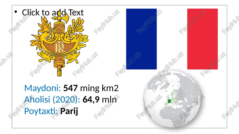 ibida mashinasozlik, kimyo, qora va rangli metallurgiya hamda oziq-ovqat sanoatlari yetakchi ahamiyatga ega. avtomobilsozlik mamlakat avtomobil, kema, samolyot, dastgohlar, mineral o‘g‘itlar, soda, polimerlar, parfyumeriya, kosmetika, vino, pishloq va boshqa ko‘plab mahsulotlarni ishlab chiqarish va jahon bozoriga yetkazishda alohida ajralib turadi. samolyot sanoat mahsulotlari fransiya elektr energetikasida aeslar birinchi darajali ahamiyatga ega. atom elektr stansiyalarining mamlakatda ishlab chiqarilayotgan elektr energiyasi tarkibidagi ulushi deyarli 80% ga teng. bu jihatdan fransiya dunyoda birinchi o‘rinda turadi. qishloq xo‘jaligining yetakchi tarmog‘i go‘sht-sut chorvachiligi hisoblanadi. asosiy qishloq xo‘jalik ekinlari: bug‘doy, qandlavlagi, kartoshka, makkajo‘xori, uzum, zig‘ir. bug‘doy uzum dengiz sayozliklarida marikultura, ya’ni turli dengiz organizmlarini sun’iy ravishda ko‘paytirish yaxshi rivojlangan. fransiya jahon mamlakatlari ichida turistlar eng ko‘p tashrif buyuradigan davlat hisoblanadi. ayrim yillari xorijiy sayyohlarning soni 75 mln kishidan ortadi. turizm turizmning bunday darajada rivojlanishiga tabiiy iqlim sharoiti, butun dunyoga mashhur dengizbo‘yi kurortlar (nitstsa (rasmda), sen trope, kann va boshqalar), fransiya shaharlari ayniqsa parijda mashhur madaniy obyektlarning …