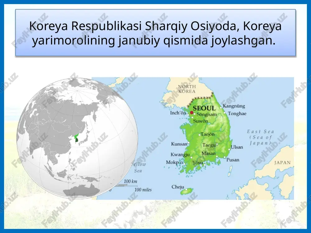ika xususan, kemalarni ishlab chiqarish bo‘yicha mamlakat jahonda birinchi o‘rinda turadi, cho‘yan, rux, qo‘rg‘oshinni eritish, yengil avtomobillar, polimer mahsulotlarini ishlab chiqarish bo‘yicha dunyoning birinchi beshtaligiga kiradi. koreya respublikasi “samsung electronics”, “hyundai”, “posco” va boshqa dunyoga mashhur transmilliy korporatsiyalarning mavjudligi bilan ajralib turadi. koreyaning taniqli kompaniyalari dehqonchiligida sholichilik, sabzavotchilik, mevachilik va uzumchilik muhim ahamiyatga ega. chorvachiligida sut-go‘sht, qoramolchiligi va cho‘chqachilik rivojlangan. koreya respublikasi eksport hajmi bo‘yicha jahonning yetakchi 10 ta mamlakatlari qatoriga kiradi. koreya respublikasi o‘zbekiston uchun ham muhim savdo hamkori hisoblanadi. koreya respublikasi 2020-yil yakunlariga ko‘ra, tashqi savdo aylanmasi bo‘yicha o‘zbekistonning savdo hamkorlari orasida xitoy, rossiya va qozog‘istondan keyingi 4-o‘rinni egallagan. o‘zbekistonda koreya respublikasi kapitali ishtirokida 900 dan ortiq korxona faoliyat yuritmoqda. turizm va madaniyat kyonbokkun saroyi chejudo oroli chxandokkun saroyi xvason qal’asi turizm va madaniyat © foydalanilgan adabiyotlar: v. n. fedorko, n. i. safarova, j. a. ismatov, e. y. nazaraliyeva – geografiya (jahon iqtisodiy-ijtimoiy geografiyasi), umumiy o‘rta ta’lim maktablarining …