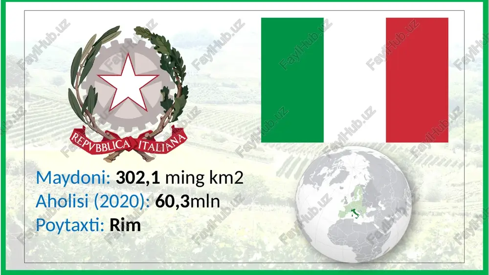 gida katta farqlar kuzatiladi. italiyaning eng yirik va rivojlangan iqtisodiy markazlari uning shimolida joylashgan (milan va turin aglomeratsiyalari). janubiy hududlari esa qoloq agrar iqtisodiyot bilan ajralib turadi. pul birligi - yevro maishiy texnika italiya sanoatining yetakchi tarmoqlari sifatida mashinasozlik (ayniqsa, avtomobilsozlik va maishiy texnika ishlab chiqarish), kimyo, yengil va oziq-ovqat sanoatlari ajralib turadi. avtomobilsozlik maishiy texnika kimyo yengil sanoat oziq-ovqat eksporti mamlakat yengil avtomobil, mototsikl, muzlatkich, velosiped, jun gazlamalari, kiyim-kechak, poyabzal, zaytun moyi, pishloq, vino, meva va tomat konservalari kabi mahsulotlarning jahondagi eng ko‘zga ko‘ringaneksportchilaridan biridir. ferrari avtomobili lamborjini avtomobili mo­tosikl muzlatgich velosiped jun gazlamalari kiyim-kechak poyabzal zaytun moyi pishloq konservalar tomat importi ammo italiyada yoqilg‘i resurslari va metall rudalarining kam miqdorda qazib olinishi hisobiga energiya manbalari va sanoat xomashyosining ko‘p turlari boshqa davlatlardan keltiriladi. shuningdek, italiya jahondagi elektr energiyani eng ko‘p hajmda import qiluvchi davlatlardan biridir. qishloq xo‘jaligi. qishloq xo‘jaligi ko‘proq subtropik dehqonchilikka ixtisoslashgan. italiya yevropa va jahon miqyosida …