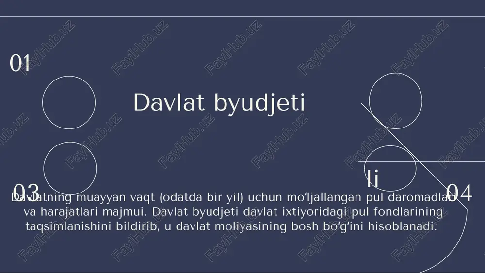 jeti quyidagi asosiy funksiyalarni bajaradi, deyishimiz mumkin: – yalpi ichki mahsulot qiymatini qayta taqsimlash funksiyasi; – iqtisodiyotnitartibgasolishvaboshqarishfunksiyasi; – ijtimoiy funksiyasi; – nazorat funksiyasi. 13 davlat byudjetining funksiyalar taqsimlash funksiyasini soliq, zayom, davlat mulkidan tushgan daromadlar, qogoz pullar emissiyasidan tushgan daromadlarni o’z ichiga oluvchi byudjet daromadlari amalga oshiradi. bunda byudjet jamg‟armasi xo’jalik sub’ektlari (yuridik va jismoniy shaxslar) daromadlari hisobiga shakllanadi. bu daromadlar sof milliy mahsulotning birlamchi taqsimoti (ishchi va xizmatchilarning ish haqi, yollanma ishchilarning daromadlari, tadbirkorlik foydasi, renta, foiz) natijasida yuzaga keladi. mamlakat byudjet tizimining tarkibiy tuzilishi mamlakat byudjet tizimining tarkibiy tuzilishi mamlakat byudjet tizimining tarkibiy tuzilishi 15 davlat byudjeti davlatning qonun kuchiga ega bo’lgan asosiy moliyaviy rejasi hisoblanadi. byudjet hokimiyatning qonun chiqaruvchi organi tomonidan tasdiqlanadi. davlat moliyasining ahamiyat jihatdan muhim bo’g’inlaridan yana biri – davlatning byudjetdan tashqari maqsadli jamg’armalari bo’lib, ular jamiyatning ayrim ehtiyojlarini mablag’ bilan ta‘minlash maqsadida davlat tomonidan jalb qilingan moliyaviy resurslarni taqsimlash va ishlatish shakli hisoblanadi. bu …