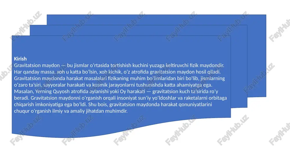 o‘nishdi. 1-masala qandaydir sayyoraning quyosh atrofida aylana orbita bo‘ylab harakatlanish davri 27 yilga teng. shu sayyoradan quyoshgacha bo‘lgan masofa yerdan quyoshgacha bo‘lgan masofadan necha marta katta? berilgan: t.k.: formula: yechish: javob: 9 marta katta xulosa xulosa qilib aytganda, gravitatsion maydonda harakat qonunlarini bilish nafaqat fizikaning nazariy asoslarini mustahkamlaydi, balki insoniyatning kosmik tadqiqotlarida muhim o‘rin tutadi. har bir jism o‘zining massasi bilan tortishish maydoni hosil qiladi va shu maydon boshqa jismlarga ta’sir ko‘rsatadi. gravitatsion qonuniyatlar tufayli biz sayyoralarning harakatini, sun’iy yo‘ldoshlarning orbitasini aniqlashimiz mumkin. demak, gravitatsion maydonni o‘rganish — olamning tuzilishini, uning harakatdagi uyg‘unligini tushunish sari tashlangan muhim qadamdir. image1.png image2.jpg media1.mp4 image3.png image50.png image6.png image7.png image8.png image9.png media2.mp4 image4.png image5.jpg image6.jpg image7.jpg image8.jpg image9.jpg image26.png image27.png image28.png /docprops/thumbnail.jpeg