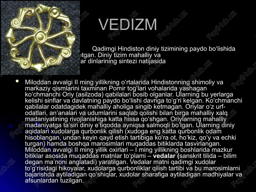 k jonzodlardagi ruh uning bir zarrasidir. ruh boqiy. uning qayta tug‘ilishi to‘xtatilmasa, tanadan-tanaga cheksiz ravishda ko‘chaveradi. ruhning ko‘chishini sansara (sanskrit tilida – shakllanish, ko‘chish, vujudga kelish degan ma’nolarni anglatadi) aqidasi tartibga soladi. sansara barcha tirik mavjudotlarning o‘tkinchiligi, o‘zgaruvchanligi, ruhning tanadan-tanaga ko‘chishining yagona zanjiri to‘g‘risidagi ta’limotdir. ruhning ko‘chish tartibi, ya’ni ruhning qaysi mavjudotning tanasiga ko‘chishi uning hayot yo‘li yoki karmasiga (sanskrit tilida – harakat, burch, faoliyat degan ma’nolarni anglatadi) bog‘liq. karma – ilohiy kuch bo‘lib, odamning sodir etgan xatti-harakati, xulq-atvori, intilishlari va maqsadlarini umumlashtiradi va ruhning qaysi jonzodga ko‘chishini belgilaydi. braxmanizmda karmaning asosini kasta qoidalari tashkil etadi. kastada belgilangan qoidalarni buzish og‘ir gunoh sanaladi va bu ruhning ko‘chishi masalasini hal etishi mumkin. karma aqidalari dxarma (sanskrit tilida – qonun, burch, qoida, fazilat kabi ma’nolarni anglatadi) ta’limotida bayon qilingan. dxarma – fuqaroviy, axloqiy va madaniy qoidalar tizimi bo‘lib, uning xudo tomonidan yaratilganligi qayd etiladi. dxarma qoidalari hind xalqi turmush tarziga aylangan. xulosa …