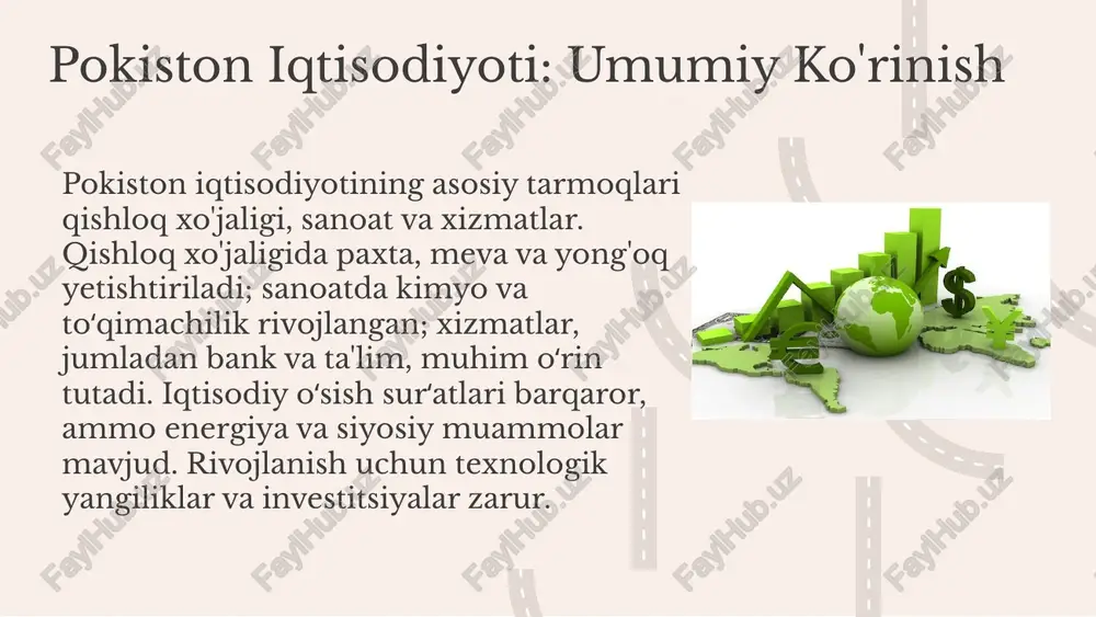 y integratsiya strategiyalari innovatsiyalar va texnologiyalar roli pokistonning global iqtisodiyotdagi o'rni ishchi kuchining migratsiyasi: umumiy ko'rinish ishchi kuchi migratsiyasi, mamlakatlar o'rtasida ish uchun odamlarning harakatidir. bu jarayon iqtisodiy rivojlanish va mehnat bozorining dinamikasiga ta'sir qiladi, xususan pokiston va o'zbekiston kabi mamlakatlarda muhim rol o'ynaydi. pokistonda ishchi migratsiya tarixi 20-asr oxiridan boshlab boshlangan bo'lib, asosan yevropa va yaqin sharq mamlakatlariga yo'naltirilgan. bu jarayon ijtimoiy va iqtisodiy oqibatlarga olib kelgan. migratsiya iqtisodiy manfaatlar, masalan, valyuta kirimlari va malakali ishchi kuchining rivojlanishi bilan birga, oilaviy ajralish, madaniy farqlar va siyosiy muammolar kabi muammolarni ham keltirib chiqaradi. migratsiya jarayoni mamlakatlar iqtisodiy va ijtimoiy rivojlanishida muhim o'rin tutadi, shuning uchun uni boshqarish va muvofiqlashtirish strategiyalarini ishlab chiqish zarur. migratsiya sabablari va turlari ishchi kuchi migratsiyasining asosiy sabablari: iqtisodiy imkoniyatlar, mehnat sharoitlari, yashash sharoitlarining yaxshilanishi. ichki migratsiya: shahar-qishloq, viloyatlar o'rtasida; tashqi: xalqaro, ish, ta'lim, xavfsizlik uchun. turlari: vaqtinchalik va doimiy. migratsiya muammolari: resurslar bosimi, ijtimoiy muvozanat …