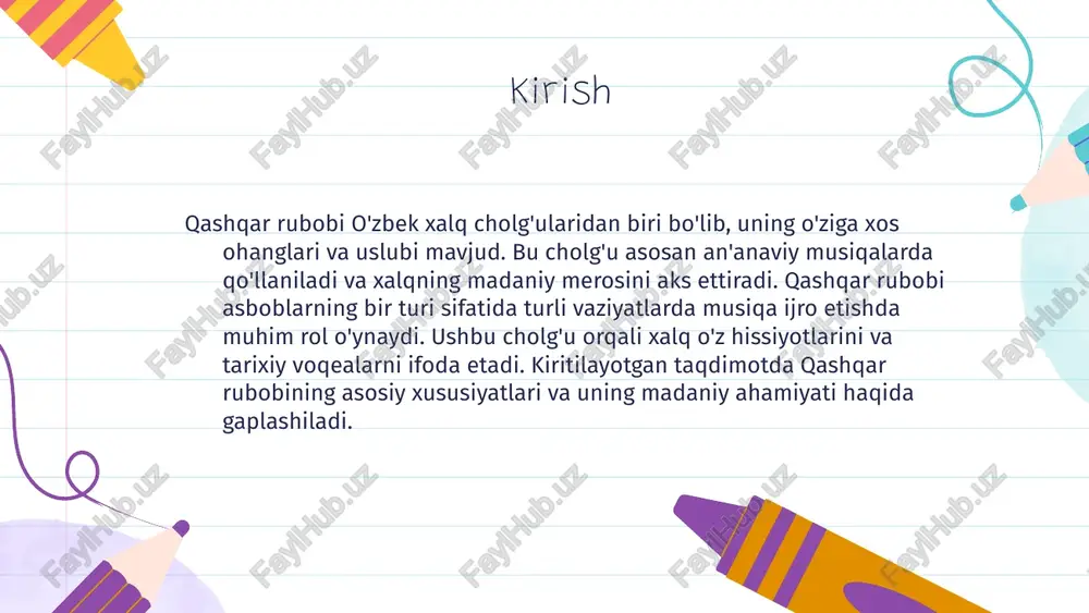 ydalanilgan adabiyotlar 1. eshqulov r. o'zbek milliy cholg'ulari tarixi va rivojlanishi. toshkent, 2015. 2. qodirov s. qashqar rubobi cholg'usi haqida etnografik tadqiqotlar. o'zbekiston milliy universiteti, 2018. 3. karimova m. o'zbek xalq cholg'ularining madaniy ahamiyati. san'at va madaniyat, 2020. 4. tashkent davlat konservatoriyasi. o'zbek cholg'ulari va musiqa an'analari. nashriyot, 2016. 5. mamadaliyev b. qashqar rubobi cholg'usi: tuzilishi va ijro usullari. musiqa ilmi, 2019. 6. xudayberdiyev d. o'zbek milliy musiqa cholg'ularida xalq ijodining o'rni. toshkent, 2021. e'tiboringiz uchun rahmat image1.png image2.png image3.png image4.png image5.jpeg image6.jpeg image7.jpeg