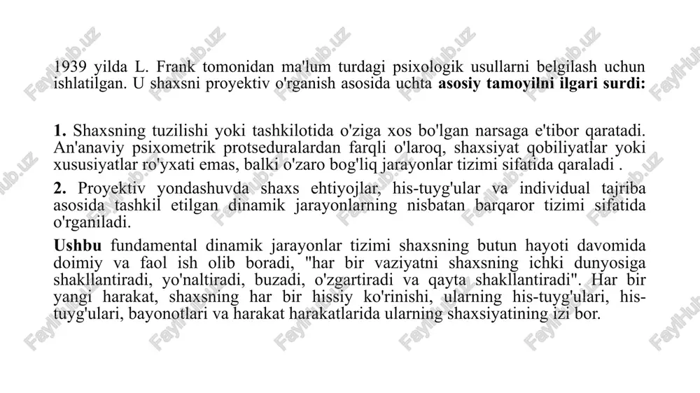 va hayvonlarning figuralari, ularning uylarining maketlari va boshqalar) taqdim etiladi, ulardan mazmunli bir butun yaratish va tushuntirish kerak. "dunyo sinovi " masalan, u 15 toifa (uylar, daraxtlar, samolyotlar, odamlar, hayvonlar va boshqalar) bo'yicha turli nisbatlarda taqsimlangan 232 ta ob'ekt modellaridan iborat. mavzular "kichik dunyo" ni qurishadi va tadqiqotchilar tomonidan hisobga olingan uning turli xil xususiyatlaridan kelib chiqib, "konstruktor" ning shaxsiyati haqida xulosalar chiqariladi. sharhlash texnikasi voqea yoki vaziyatni talqin qilish kerak. tematik appersepsiya testi ushbu turdagi texnikaning yaxshi namunasidir. mavzu noaniq talqin qilish imkonini beruvchi nisbatan noaniq vaziyatlarni tasvirlaydigan jadval bilan taqdim etilgan. baholash paytida sub'ekt qisqacha hikoya tuzadi, unda tasvirlangan vaziyatga nima sabab bo'lganini, hozir nima bo'layotganini, qahramonlar nimani o'ylayotgani va his qilayotganini va vaziyat qanday yakunlanishini tasvirlash so'raladi. mavzu hikoyaning "qahramoni" bilan tanishishi kutilmoqda, bu ularning ichki dunyosini, his-tuyg'ularini, qiziqishlarini va motivlarini o'rganishga imkon beradi. katartik o'yin faoliyatini maxsus tashkil etilgan sharoitlarda amalga oshirish taklif etiladi. masalan, improvizatsiya …