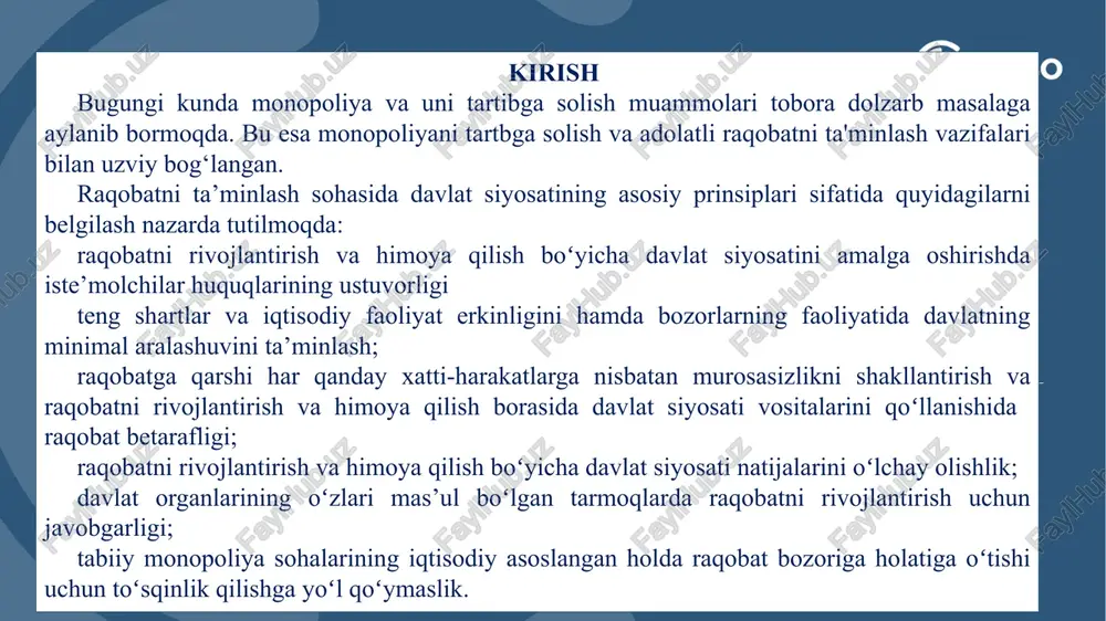 unday tashlash kerak edi. lekin uzauto motors kompaniyasi yana davom etti oldingi aktivlari bilan ishlashda. 11 bunga xozirda ozbekiston respublikasining prezidentining 61-10 qarorlarioga asosan davlat tasarufidagi 24dan ortiq aktiv strategik korxonalarni transformatsiya hamda ularni asta-sekin xususiylashtirishga qaratilgan qarorlari bilan asta sekin barxam berilmoqda bularga bitta misol tariqasida yaqindagina sotilgan uzgaz korxonasining 100million dollarga sotildi yani xususiylashtirildi. bu oz maosida talabgorlarning kopligi raqobatning , hamda erkinlikning borligini tasdiqlaydi monopol siyosat monopoldan asta sekin chiqish 11 1. tabiy shart-sharoitlar (tabiy monopolitalar) – kichik bir sgaxarda yagona kommunal xizmat korsatuvchi firma (elektr, gaz, suv taminoti va boshqa), yagona bank, kasalxona va boshqalar. 2 . tarmoqqa kirish uchun tosiqlar kopligi (litsenziya, patent, mualliflik huquqi, ruxsatnoma va boshqalar. 12 monopoliyani yuzaga keltiruvchi omillar monopoliyani yuzaga keltiruvchi omillar 3. ishlab chiqarishning yirik capital (kolam samarasi), muayyan malaka, bilim va murakkab texnologoyalar talab qilishi 4. muayyan resursga mulk huquqi yoki undan toliq foydalanish huquqini kolga kiritish. 5. …