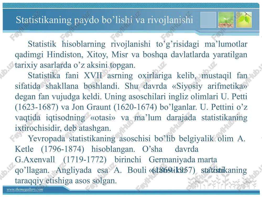 chiqadiki, ya’ni har qanday muayyan tavsifnoma bosh to’plamdagi birliklar orasida farqlanishi mumkin. o’lchov – bu bosh to’plamning alohida o’zgaruvchan birliklariga tartib raqamini berish uchun biz foydalanadigan jarayondir. tanlama – bosh to’plam birliklaridan maxsus usullar bilan tanlab olingan qismini ifodalaydi. statistik xulosa – bu tanlamani tashkil etuvchi axborotlar asosida bosh to’plam haqida prognozlashtirish va ba’zi bir boshqa umumlashtirishlarni baholashdir. www.themegallery.com ishonchlilik darajasi statistik xulosa bilan bog’liq tasdig’i bo’lgan noaniqlik me’yorining (odatda miqdoriy) hisoblanadi. 5. ma’lumotlarning turlari ma'lumotlar manbai ilgari chop etilgan ma'lumotlardan foydalanish tajribani ishlab chiqish tashkiliy masalalar kuzatish turlari ehtimollik aniqlilik e'tik masalalar kuzatish natijalarini tadqiq etish www.themegallery.com image6.png image7.png image8.png image9.png image4.jpg image5.jpg image1.png image2.png image3.png