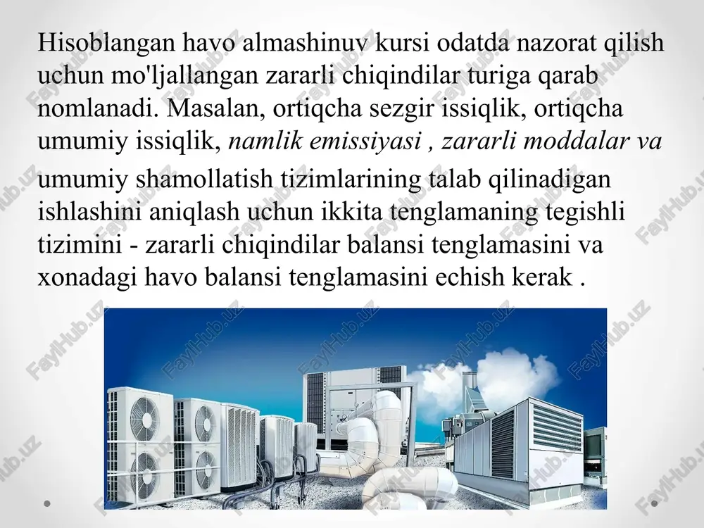 ada assimilyatsiya qilish uchun shamollatish tizimlarining etkazib berish havosi haroratini ( p nuqtasi) imkon qadar past darajada ushlab turish tavsiya etiladi. bu zarur havo almashinuvini kamaytiradi. biroq, t n qiymatini tanlashda yilning sovuq davri uchun noqulay sharoitlarning qabul qilinishi mumkin emasligini hisobga olish kerak, bu quyidagicha amalga oshiriladi: a) balandligi 3 m gacha bo'lgan turar-joy va jamoat binolari uchun t p olinadi pastda t b 2-3 ° s gacha; 3 m dan baland xonalar uchun (zallar, sinflar, auditoriyalar va boshqalar) - t b dan past. 4-6 ° s gacha. bu tavsiyalar konditsionerli xonalarga ham tegishli; b) sanoat binolarining binolarida t p aniqlanadi kirish teshigidan (ko'krak) havo oqimi ish joyiga etib kelganida, t b dan 1-1,5 ° s past haroratga ega bo'lishi sharti bilan hisoblangan ; xonaning yuqori zonasiga yoki uning pastki zonasiga havoni tomchilar bilan etkazib berishda , lekin ish joylaridan uzoqda, t n olinadi. t b dan 6-10° s …