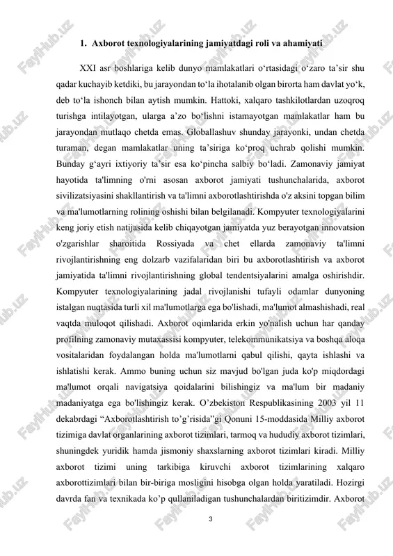 va hakozo jihatlarini hisobga olgan holda tizim faoliyatining samaradorligini oshirishdir. o’zbekiston respublikasining axborotlashtirish sohasidagi davlat siyosati axborot resurslari, axborot texnologiyalari va axborot tizimlarini rivojlantirish hamda takomillashtirishning zamonaviy jahon tamoyillarini hisobga olgan holda, milliy axborot tizimini yaratishga qaratilgan. ta’kidlash joizki, milliy axborot tizimiga davlat organlari, shuningdek, yuridik hamda jismoniy shaxslar, tarmoq va hududiy axborot tizimlari kiradi. axborot tizimi esa axborotni to’plash, saqlash, izlash, unga ishlov berish hamda undan foydalanish imkonini beradigan, tashkiliy jihatdan tartibga solingan jami axborot resurslari, axborot texnologiyalari va aloqa vositalaridir. axborot tizimi tarkibidagi elektron shakldagi axborot, ma’lumotlar banki, ma’lumotlar bazasi axborot resurslarini tashkil etadi. yangi axborot texnologiyalarining yaratilishi va ularning jamiyat turli jabhalariga kirib borishi informatikaning yangi sohasi - ijtimoiy informatikafanining ajralib chiqishiga sabab bo’ldi. ijtimoiy informatika quyidagi masalalarni o’rganadi: axborotlashgan jamiyat taraqqiyotining qonuniyatlari va muammolari; axborot resurslari jamiyat rivojining ijtimoiy-iqtisodiy va madaniy faktorlari sifatida; axborotlashgan jamiyatda shaxs; axborot madaniyati; axborot xavfsizligi; axborotlashgan jamiyat termini yaponiyada paydo bo’ldi …