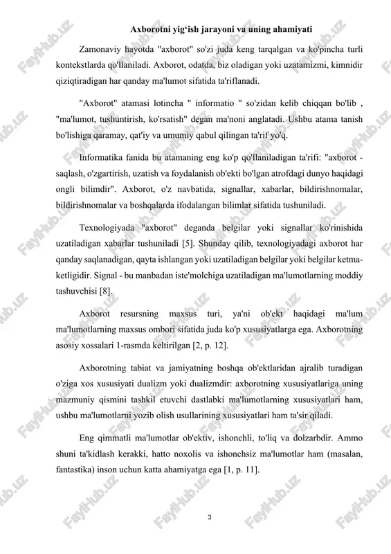 bu ma'lumotni o'lchashning minimal birligi - ikkita qiymatdan birini qabul qilishi mumkin bo'lgan qiymat (matematik ko'rinishda 0 yoki 1). bayt si tizimidagi axborot birligidir. bayt sakkiz bitli ikkilik kod bo'lib, ko'pincha matnning bir belgisini ifodalash uchun ishlatiladi. kb , mb va boshqalar) bilan o'lchanadigan xabardagi ma'lumotlar miqdori . 1 kilobayt (kb) = 210 bayt = 1024 bayt, 1 megabayt (mb) = 210 kb = 1024 kb = 1048576 bayt, 1 gigabayt (gb) = 210 mb = 1024 mb = 1073741824 gb = 1073741824 bayt2, 1024 gb = 1099511627776 bayt va boshqalar [1, p. 14]. b.v.sobolning fikricha, axborot birligini, masalan, o'nta ehtimolli xabarni farqlash uchun zarur bo'lgan axborot miqdori sifatida aniqlash mumkin. bu ikkilik ( bit ) axborot birligi emas, balki o'nlik (dit) bo'ladi . biroq, bu birlik kompyuterlarga xos bo'lgan apparat cheklovlari tufayli kompyuter texnologiyalarida kamdan-kam qo'llaniladi [2, p. 13]. shunday qilib, ma'lumotlarning to'liqligi xususiyati ma'lumotlarning miqdorini o'lchash mumkinligini so'zsiz …