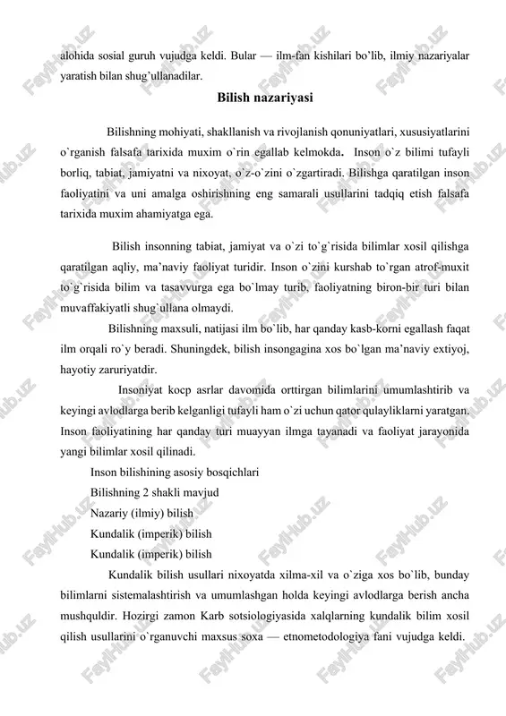 osil qilish usullarini o`rganuvchi maxsus soxa — etnometodologiya fani vujudga keldi. bilish ob’ekti: tadkikotchi-olim, faylasuf, san’atkor va boshqalarning, umuman insonning bilimlar xosil qilish uchun ilmiy faoliyati qaratilgan narsa, hodisa, jarayon, munosabatlar bilish ob’ektlari xisoblanadi. bilish predmeti: sub’ektning bilish faoliyati qamrab olgan bilish ob’ektining ayrim soxalari va tomonlaridir. fanning o`rganish soxasi tobora konkretlashib boradi. bilish sub’ekti: bilish bilan shug`ullanuvchi kishilar va butun insoniyat bilish sub’ekti xisoblanadi. ayrim olingan tadqiqotchi-olimlar, ilmiy jamoalar, ilmiy tadqiqot institutlari ham aloxida bilish sub’ektlaridir. ilmiy bilish fakt va dalillarga, ularni qayta ishlash, umumlashtirishga asoslanadi. ilmiy fakt va dalillar to`plashning o`ziga xos usullari mavjud bo`lib, ularni ilmiy bilish metodlari deyiladi. ilmiy bilish metodlari xususiy ilmiy metodlar umumiy ilmiy metodlar eng umumiy ilmiy metodlar bilishning mohiyati, shakllanish va rivojlanish qonuniyatlari, xususiyatlarini bilishning mohiyati, shakllanish va rivojlanish qonuniyatlari, xususiyatlarini o’rganish falsafa tarixida muhim o’rin egallab kelmoqda. inson o’z bilimi tufayli borliq, tabiat, jamiyatni va nihoyat, o’z-o’zini o’zgartiradi. bilishga qaratilgan inson …