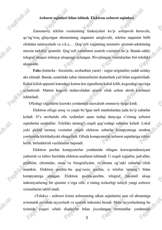 ilan elektr signallar ketma ketligiga aylantiradi (tasvir analizi);  ularni aloka kanallari orkali nuktalardan kimirlaydigan rasmga teskari aylantirish (tasvir sintezi) amalga oshiriladigan kabul kilish punktiga uzatiladi. bu nazariya xx asr oxirida portugaliyalik olim a. di. payva va rus olimi p. n. bexmetvev tomonidan ishlab chikilgan. amaliy karorlarni ishlab chikish va foydalanishni boshlash v. k. zvorkin va f. fransuorti (aksh) bilan boglik. televideniye orkali siyosiy, madaniy, ilmiy, ijtimoiy, iktisodiy axborotlar beriladi. televideniyening keyingi boskichi rakamli televizion texnologiyalar asosidagi interaktiv televideniyedir. “telematn” axborot tizimi. “telematn” axborot tizimi foydalanuvchilarning kup guruxlari uchun doimo kizikarli bulgan dolzarb axborotni uzatish uchun yaratilgandir. “telematn” - bu gazeta, jurnal, agentlik xizmatlaridan olingan matn varaklarini uzluksiz utkazib beradigan “elektron gazeta” yoki “elektron byulleten”. bu tizimning xususiyatlari:  axborot varaklarini uzluksiz va ketma - ket ravishda utkazuvchi stansiya tomonidan tuplanadi, efirga oddiy televizor signallari bilan yoki kabel orkali uzatiladi;  “telematn” axboroti uzluksiz yangilanib boriladi;  kerakli axborotning varagini …