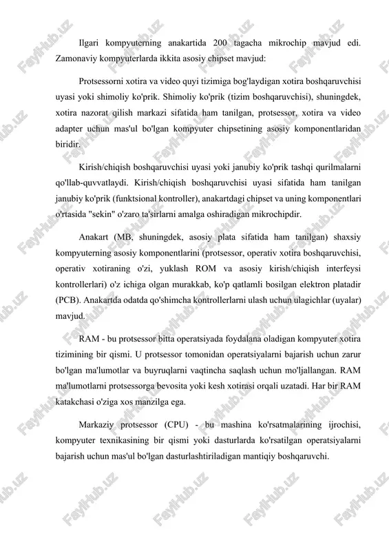 a kartasi deb ataladi) kompyuterda ovozni ta'minlaydigan elektron platadir. ovoz kartalari hozirda anakartga, alohida kengaytirish kartalariga yoki tashqi qurilmalarga o'rnatilgan holda mavjud. qattiq disk (hdd) — qattiq disk, vinchester drayveri yoki oddiy tilda «vint», qattiq disk yoki qattiq disk — magnit yozishga asoslangan axborotni saqlash qurilmasi. bu ko'pgina kompyuterlarda asosiy xotira qurilmasi. floppy diskdan (floppi disk) farqli o'laroq, qattiq diskdagi ma'lumotlar qattiq plastinalarga yoziladi. qattiq disklar bitta o'qda bir yoki bir nechta plastinalardan foydalanadi. tarmoq kartasi, tarmoq interfeysi kartasi yoki tarmoq adapteri - bu kompyuterning boshqa tarmoq qurilmalari bilan o'zaro aloqasini ta'minlaydigan periferik qurilma. modem - bu modulyatsiya va demodulyatsiyani amalga oshiradigan aloqa tizimlarida ishlatiladigan qurilma. modemning ma'lum bir turi - bu telefon tarmog'i (telefon modemi) yoki kabel tarmog'i (kabel modemi) orqali modem bilan jihozlangan boshqa kompyuter bilan aloqa qilish imkonini beruvchi keng qo'llaniladigan kompyuterning periferik qurilmasi. modem aloqa liniyasi uchun oxirgi uskuna vazifasini bajaradi. qabul qilingan ma'lumotlarni uzatish va …