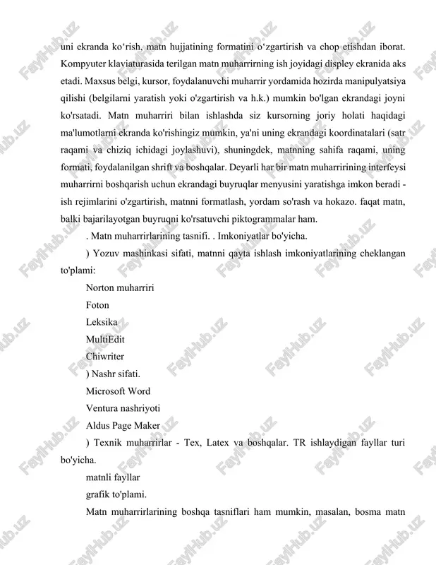 alanish mumkin: muayyan operatsiyani bajarish uchun zarur bo'lgan tugmalar soni (1-2 dan 20-30 gacha); yuklash, matn bo‘ylab harakatlanish, tahrirlash - parchalarni joylashtirish, nusxalash va o‘chirish, shriftlarni o‘zgartirish va hokazolarda o‘zgartirilgan matnni ekranda ko‘rsatish tezligi; yordam bilan foydalanish qulayligi, ya'ni maslahatlarni chaqirish tezligi, ularning to'liqligi va tuzilishi; ekranda bo'lajak bosilgan hujjatning aniq nusxasini olish imkoniyati - boshqaruv va belgilash belgilarisiz matn; fayl uzunligi cheklovlari; bir vaqtning o'zida qayta ishlangan matnli fayllar soni; yangi shriftlar va alifbolardan foydalanish, ularni kengaytirish va qo'shish imkoniyati; apparat talablari - masalan, shaxsiy kompyuterdagi ram miqdori. matn muharriri qanday ishlaydi. o'rta va kuchli muharrirlar dasturlash tizimlari bilan bir xil printsiplarda ishlaydi. matn muharriri foydalanuvchiga matn kiritish oynasi va uni formatlash uchun buyruqlar to‘plamini taqdim etadi. matn hujjatini yaratishning birinchi bosqichi matn terishdir. matn kiritilgandan so'ng uni formatlash mumkin. hujjatni formatlashda foydalanuvchi matnning alohida bo'limlariga formatlash buyruqlarini qo'llaydi. ushbu buyruqlarni qayta ishlash orqali matn muharriri formatlangan matnning tashqi …
