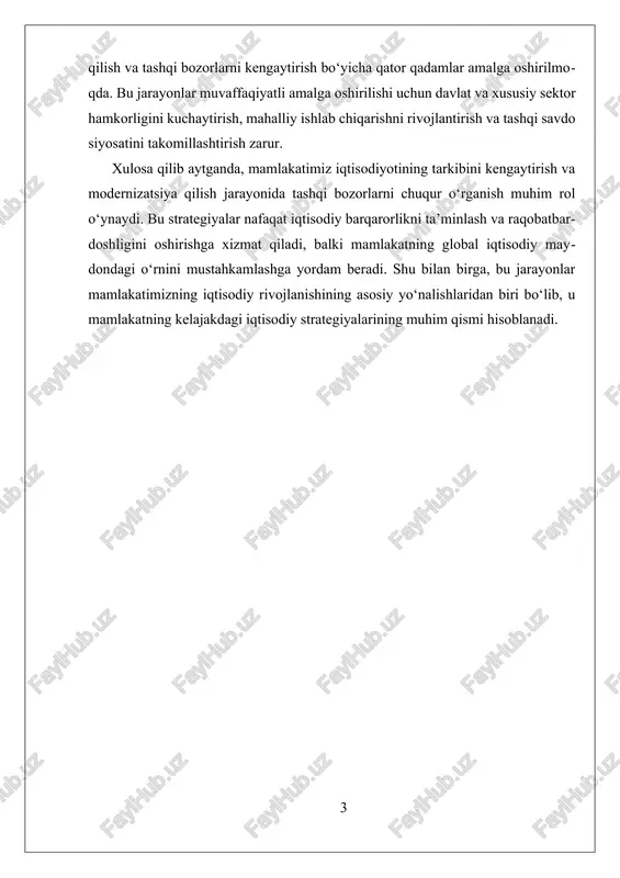 yangi ishlab chiqarish tarmoqlarini tashkil qilish, texnologik innovatsiyalarni joriy qilish va xizmatlar sohasini kengaytirishni o'z ichiga oladi. masalan, neftga qaram bo‘lgan mamlakatlar uchun oziq-ovqat, to‘qimachilik, muhandislik, axborot texnologiyalari kabi sohalarni rivojlantirish muhimdir. bu esa mamlakat iqtisodiyotining strukturaviy barqarorligini oshiradi va tashqi savdo imkoniyatlarini kengaytiradi. iqtisodiy diversifikatsiya strategiyasining asosiy maqsadlaridan biri — iqtisodiy xavflarni kamaytirishdir. bir soha, masalan, neft narxlarining pasayishi yoki cheklovlar bilan bog‘liq bo‘lsa, bu mamlakat iqtisodiyotiga salbiy ta'sir ko‘rsatadi. diversifikatsiya orqali esa, mamlakat o‘zining ishlab chiqarish portfelini kengaytiradi va muayyan sohalardagi xavflarni muvozanatlash imkoniyatiga ega bo‘ladi. bu esa iqtisodiy barqarorlikni ta'minlashga yordam beradi va krizis holatlarida mamlakatni mustahkam ushlab turadi. shuningdek, diversifikatsiya iqtisodiy rivojlanish uchun yangi ish o‘rinlarini yaratadi. yangi sanoat va xizmatlar sohalarining rivojlanishi ishchi kuchiga bo‘lgan talabni oshiradi, bu esa ijtimoiy muammolarni kamaytiradi va yashash sifatini oshiradi. buning uchun davlatlar va xususiy sektorlar hamkorlikda ishlashlari, innovatsiyalarni rivojlantirish va mahalliy ishlab chiqarishni qo‘llab-quvvatlashlari zarur. texnologik rivojlanish va …