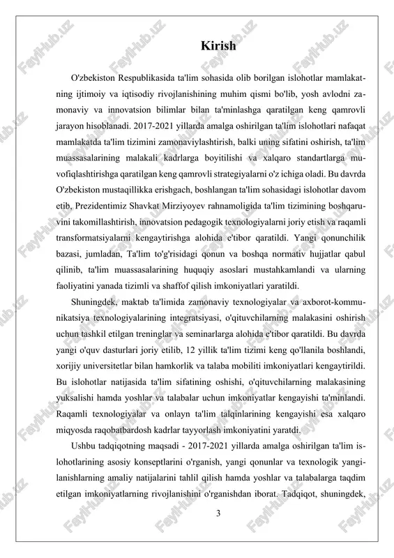 ng moddiy-texnik bazasini yaxshilash, o'qituvchilarning malakasini oshirish va yangi o'quv dasturlarini joriy qilish orqali amalga oshirildi. maktab ta'limining sifatini oshirish uchun yangi pedagogik metodlar va texnologiyalarni qo'llash, shu jumladan, modul va interfaol o'qitish usullarini kengaytirish asosiy yo'nalish bo'ldi. bu konsept, shuningdek, 12 yillik ta'lim tizimini joriy qilish bilan bog'liq bo'lib, yoshlarni kengroq imkoniyatlar bilan ta'minlashga xizmat qildi. ikkinchidan, ta'lim tizimini boshqaruvini takomillashtirish konsepti muhim ahamiyatga ega bo'ldi. bu yo'nalishda davlat va mahalliy hukumatlar tomonidan yangi qonunchilik bazasi ishlab chiqildi va qabul qilindi, jumladan, ta'lim to'g'risidagi qonun va boshqa normativ hujjatlar. bu hujjatlar ta'lim muassasalarining faoliyatini huquqiy jihatdan mustahkamlash, shuningdek, ta'lim sifatini nazorat qilish va baholash mexanizmlarini takomillashtirishga imkon yaratdi. bu konsept, shuningdek, ta'lim sektori uchun boshqaruv va axborot tizimlarini raqamlashtirishni ham nazarda tutdi. uchinchidan, innovatsion va texnologik yangilanishlar ta'lim konseptsining ajralmas qismi bo'ldi. zamonaviy texnologiyalarni, jumladan, axborot-kommunikatsiya texnologiyalarini (akt) keng qo'llash, onlayn ta'lim platformalarini yaratish va ularni ta'lim jarayoniga integratsiya …