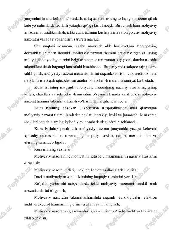 mexanizmlari va ularning samaradorligidir. kurs ishining vazifalari: moliyaviy nazoratning mohiyatini, iqtisodiy mazmunini va nazariy asoslarini o‘rganish; moliyaviy nazorat turlari, shakllari hamda usullarini tahlil qilish; davlat moliyaviy nazorati tizimining huquqiy asoslarini yoritish; xo‘jalik yurituvchi subyektlarda ichki moliyaviy nazoratni tashkil etish mexanizmlarini o‘rganish; moliyaviy nazoratni takomillashtirishda raqamli texnologiyalar, elektron audit va axborot tizimlarining o‘rni va ahamiyatini aniqlash; moliyaviy nazoratning samaradorligini oshirish bo‘yicha taklif va tavsiyalar ishlab chiqish. i bob. moliyaviy nazoratning nazariy asoslari 1.1. moliyaviy nazorat tushunchasi, mazmuni va iqtisodiy mohiyati nazorat iqtisodiy tizimning zarur elementi sifatida butun insoniyat sivilizatsiyasi bilan birga rivojlanadi, evolyutsion taraqqiyot va inqilobiy to‘fonlar jarayonida, jamiyat iqtisodiy formatsiyasi, siyosiy tizimi, davlat va xo‘jalik boshqaruvi, qonun chiqaruvchi, ijroiya va sudlov hokimiyati organlari almashinuvi jarayonida o‘zgarib boradi. nazorat - jamiyat iqtisodiy hayotidagi obyektiv hodisa va har qanday davlat boshqaruvining muhim bo‘g‘inidir. shu bilan birga u ko‘p ming rahbar va mutaxassislar, mehnat jamoalari, jamoat va davlat tashkilotlarining subyektiv ijod sohasidir. moliyaviy …