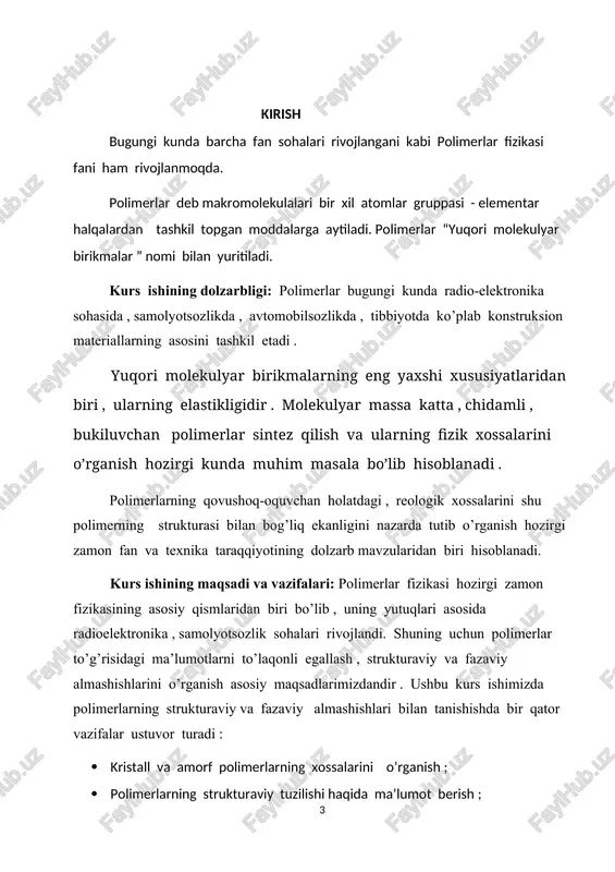 ish ta’sirida buzilishiga qarshilik ko’rsatish qobiliyatini xarakterlaydi. deformatsiyalanish polimer strukturasining va uning xossalarining o’zgarishi bilan sodir bo’ladi. deformatsiya qancha ko’p (kuchli) bo’lsa, struktura va xossalarning o’zgarishi shunchalik ko’p bo’ladi. polimerlarning deformatsion xossalari odatda kuchlanish - deformatsiya egri chizig’i bilan baholanadi. deformatsiyalanish qattiq jismlarga xos bo‘lgan fizikaviy jarayon. polimerlarning ham tashqi ta’sir natijasida mexanik xossasi o‘zgaradi. deformatsiya bizga mazmunan qaytuvchi va qaytmas bo‘ladi. polimerlar bu yuqori chastotali birikmalar bo‘lib, qaytuvchi deformatsiyaga ega bo‘ladi , polimerlar yuqori elektrik xususiyatga ham ega bo‘ladi. deformatsiya turlariga to‘xtalamiz. cho‘zilish deformatsiyasi cho‘zilish darajasi bilan xarakterlanadi. λ =l/l0 (1) bu ifoda cho‘zilish deformatsiyasini ko‘rsatadi. nisbiy uzayish: (2) deformatsiya turlari: cho’zilish, siqilish, egilish, buralish, siljish va hokozo. quyida bir nechta deformatsiya turlarining sxemasi va formulalari keltirilgan: cho’zilish chiziqli siljish =(l/l0) hajmiy siqilish =v/v0 qisqa vaqtda uzayish agar polimerning uzunligi tashqi kuch tasirida 1 sm cho’zilsa bu 100 % ga cho’zilgan bo’ladi. polimer-100% cho‘zilgan ekan. polimer siljish deformatsiyasida l0 …