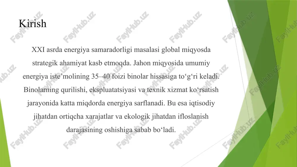 olar uzoq muddatda quyidagi afzalliklarni ta’minlaydi: ekologik jihatdan: chiqindilarni kamaytirish, havo sifatini yaxshilash, tabiiy resurslarni tejash; iqtisodiy jihatdan: barqaror tejash, mulk qiymatini oshirish, texnologik innovatsiyalarni rivojlantirish; ijtimoiy jihatdan: yashash sifati va qulaylikni oshirish, energiya xavfsizligini mustahkamlash. xulosa binolarda energiya sarfini kamaytirishning ekologik va iqtisodiy tahlili shuni ko‘rsatadiki, bu jarayon barqaror rivojlanishning asosiy yo‘nalishlaridan biridir. ekologik jihatdan bu atrof-muhitni muhofaza qilish, chiqindilarni kamaytirish va tabiiy resurslarni tejashga xizmat qiladi. iqtisodiy jihatdan esa energiya xarajatlarini kamaytirish, investitsiya samaradorligini oshirish va yangi texnologiyalarni rivojlantirishga zamin yaratadi. shunday qilib, energiya tejamkor binolar qurish — bu nafaqat iqtisodiy foyda, balki kelajak avlodlar uchun ekologik barqaror hayotni ta’minlashning eng muhim bosqichidir. foydalanilgan adabiyotlar o‘zbekiston respublikasi prezidentining 2023-yil 1-fevraldagi pq–43-sonli “energiya tejamkorlikni oshirish va qayta tiklanuvchi energiya manbalarini rivojlantirish chora-tadbirlari to‘g‘risida”gi qarori. “o‘zbekiston respublikasida energiya samaradorligini oshirish konsepsiyasi 2030” – o‘zbekiston respublikasi energetika vazirligi, 2023-yil. international energy agency (iea). energy efficiency 2023: analysis and outlooks to 2030. …
