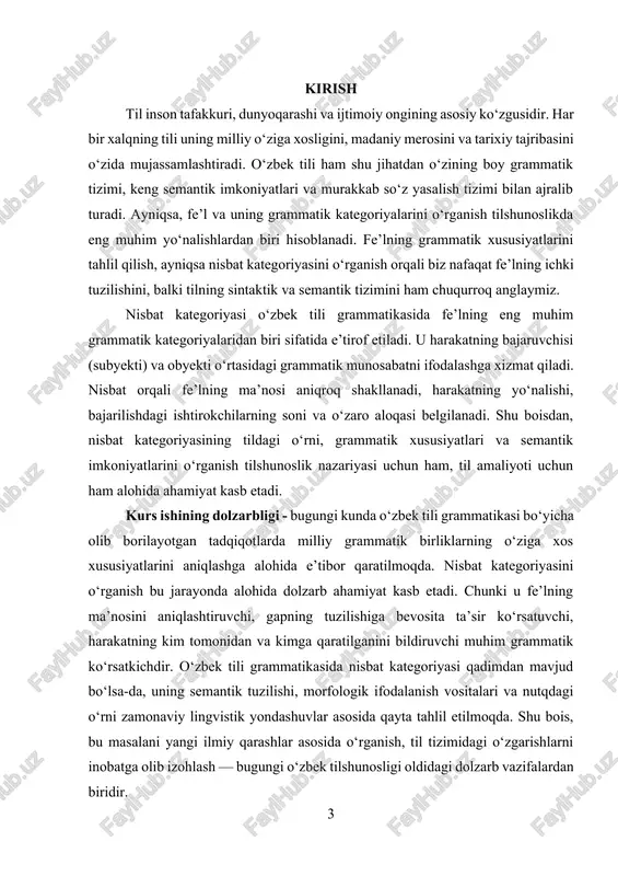isbat kategoriyasining grammatik tabiatini har tomonlama yoritish, uning o‘ziga xos xususiyatlarini aniqlash va til tizimidagi o‘rnini belgilashdan iborat. mazkur maqsaddan kelib chiqib, quyidagi vazifalar belgilandi: 1. nisbat kategoriyasining nazariy asoslarini yoritish; 2. o‘zbek tilida mavjud nisbat turlarining grammatik va semantik farqlarini tahlil qilish; 3. nisbat kategoriyasining boshqa grammatik kategoriyalar (zamon, shaxs, mayl) bilan o‘zaro aloqasini o‘rganish; 4. o‘zbek tilshunosligida nisbat masalasining o‘rganilish tarixini tahlil qilish; 5. zamonaviy o‘zbek tili materiallari asosida nisbat shakllarining nutqdagi qo‘llanishini amaliy misollar orqali tahlil etish; 6. nisbat kategoriyasining til tizimidagi sintaktik va stilistik ahamiyatini aniqlash. kurs ishining tuzilishi - ushbu kurs ishi kirish, ikki bob, xulosa va foydalanilgan adabiyotlar ro‘yxatidan iborat. i bob. nisbat kategoriyasining nazariy asoslari va til tizimidagi o‘rni 1.1. nisbat kategoriyasining mohiyati, shakllanishi va umumiy grammatik xususiyatlari o‘zbek tilida fe’l kategoriyalari orasida nisbat alohida grammatik ahamiyatga ega bo‘lgan murakkab tizimlardan biridir. nisbat kategoriyasi fe’l orqali ifodalangan harakatning bajaruvchisi (subyekti) va obyekti o‘rtasidagi …