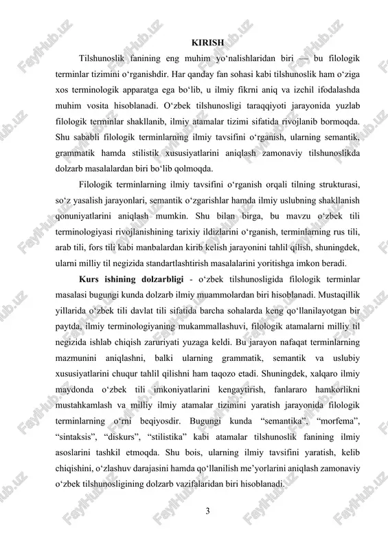 ususiyatlari, ma’no tizimi va qo‘llanish me’yorlarini o‘rganishdir. predmet doirasida terminlarning semantik maydoni, sinonimik va antonimik munosabatlari, shuningdek, ularning xalqaro atamalar tizimiga nisbatan o‘ziga xosliklari tahlil qilinadi. kurs ishining maqsadi — o‘zbek tilshunosligida mavjud bo‘lgan filologik terminlarning ilmiy tavsifini yaratish, ularning grammatik, semantik, stilistik va etimologik xususiyatlarini tahlil qilish hamda ularni o‘qitish va ilmiy izlanishlarda qo‘llash imkoniyatlarini yoritishdan iborat. ushbu maqsadga erishish uchun quyidagi vazifalar belgilandi: 1. filologik termin tushunchasining mohiyati va ilmiy asoslarini o‘rganish; 2. o‘zbek tilidagi filologik terminlarning shakllanish manbalari va tarixiy taraqqiyotini tahlil qilish; 3. terminlarning leksik-semantik xususiyatlarini, grammatik va stilistik jihatlarini aniqlash; 4. zamonaviy o‘zbek tilshunosligida filologik terminlardan foydalanish me’yorlarini o‘rganish; 5. filologik terminologiyani tizimlashtirish, ularni milliy til asosida boyitish va standartlashtirish yo‘llarini belgilash; 6. filologik terminlarning ta’lim jarayonidagi qo‘llanilish samaradorligini tahlil qilish. kurs ishining tuzilishi - kurs ishi kirish qismi, ikki bob, xulosa, foydalanilgan adabiyotlar ro‘yxati va ilovalardan iborat. i bob. oʻzbek tilshunosligida filologik terminlarning nazariy …