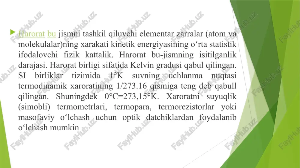 dalaniladi. platinadan tayyorlangan termometrlar -200°c dan +1100°c gacha, misdan tayyorlanganlari esa -50°c dan +200°c gacha chegarada haroratlarni o'lchaydi rtd pt100 qarshilik termometrlari model raqami: rtd pt100 standart: celsius / fahrenheit aniqlik: 0.1 ko'rsatkichlar: raqamli materiallar: qarshilik to'plami: 500pcs / karton xususiyatlari: idoralar hajmi: 20 * 107 mm foydalanilgan adabiyotlar 1 https://uz.wikipedia.org/wiki/haroratni_o%ca%bblchash_usullari 2 uzbekiston respublikasi kishlok va suv xujaligi vazirligi tashkent irrigatsiya i melioratsiya instituti kafedra «texnologik jaraenlarni avtomatlashtirish va boshkarish » «avtomatik tizimlar va elektr kurilmalarning montaji, sozlash va ekspluatatsiya» fani buyicha tajriba ishlarini utkazish uchun metodik kursatmalar mutaxassislik: 5521800. « «avtomatlashtirish va boshkarish (suv xujaligida)» 3 https://azkurs.org/qarshilik-termometrlari-ularni-ulash-usullari-logometrlar-haro.html 4 https://www.youtube.com/watch?v=hxmytpddn7g image1.png image2.png image3.png image4.png image5.png image6.png /docprops/thumbnail.jpeg