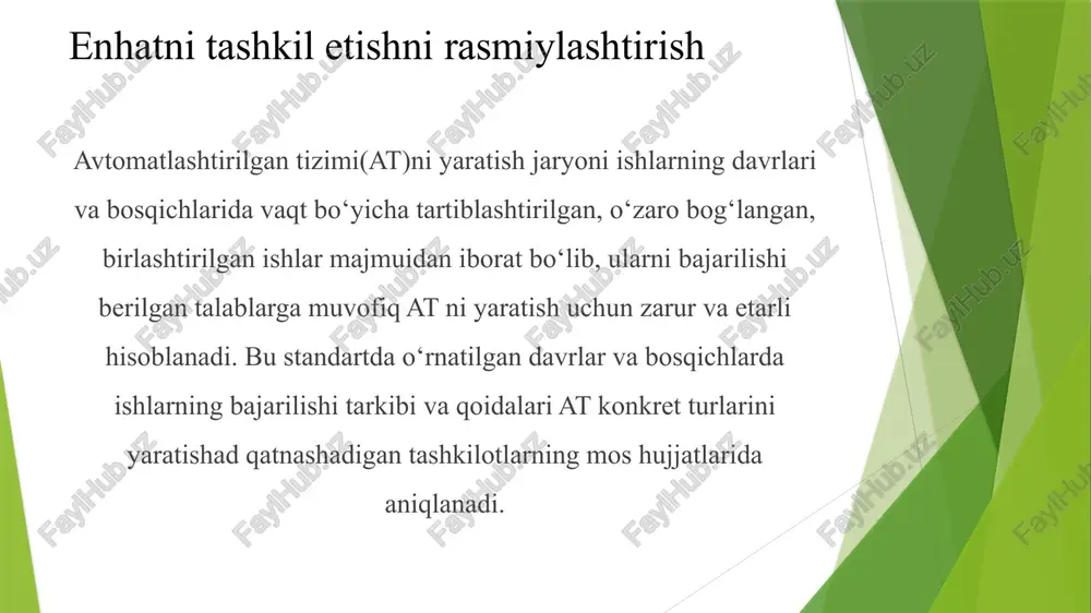 hiriqlar va texnik talablarni batafsil tayyorlash 6.ishchi hujjatlar tayyorlash 🔹 ekspluatatsion xarakteristikalarni ta’minlash uchun barcha zarur chizmalar va hujjatlar tayyorlash 🔹 dasturlarni ishlab chiqish yoki moslashtirish 🔹 gost talablariga mos dasturiy hujjatlarni tayyorlash 7.ishga tushirish (montaj va sinovlar) 🔹 jihozlarni yetkazib berish, o‘rnatish, sinash 🔹 personalni tayyorlash 🔹 sinov ishlarini o‘tkazish (dastlabki, sinov ishlatish, qabul sinovlari) 8.ekspluatatsiya (ishlatish bosqichi) 🔹 kafolatli xizmat ko‘rsatish (aniqlangan kamchiliklarni bartaraf etish) 🔹 kafolatdan keyingi xizmat (samaradorlikni monitoring qilish, hujjatlarni yangilash) xulosa enhat tashkil etish jarayoni qonuniy, texnik va tashkiliy talablarni bajarishni talab qiladi. samarali tizim uchun to‘g‘ri hujjatlar tayyorlanishi, malakali kadrlar tayyorlanishi va zamonaviy texnik bazaga ega bo‘lish muhimdir. doimiy nazorat va boshqarish energiya tejamkorligini oshirishga yordam beradi. shu bilan birga, xalqaro standartlarga rioya qilish tizimning samaradorligini ta’minlaydi. adabiyotlar o‘zbekiston respublikasi energiya tejamkorligi to‘g‘risidagi qonun. toshkent, 2017. abdullayev a. "energiya resurslarini boshqarish va tejash usullari". toshkent, 2019. karimov b. "energiya tejamkorlik tizimlari: nazariya va …
