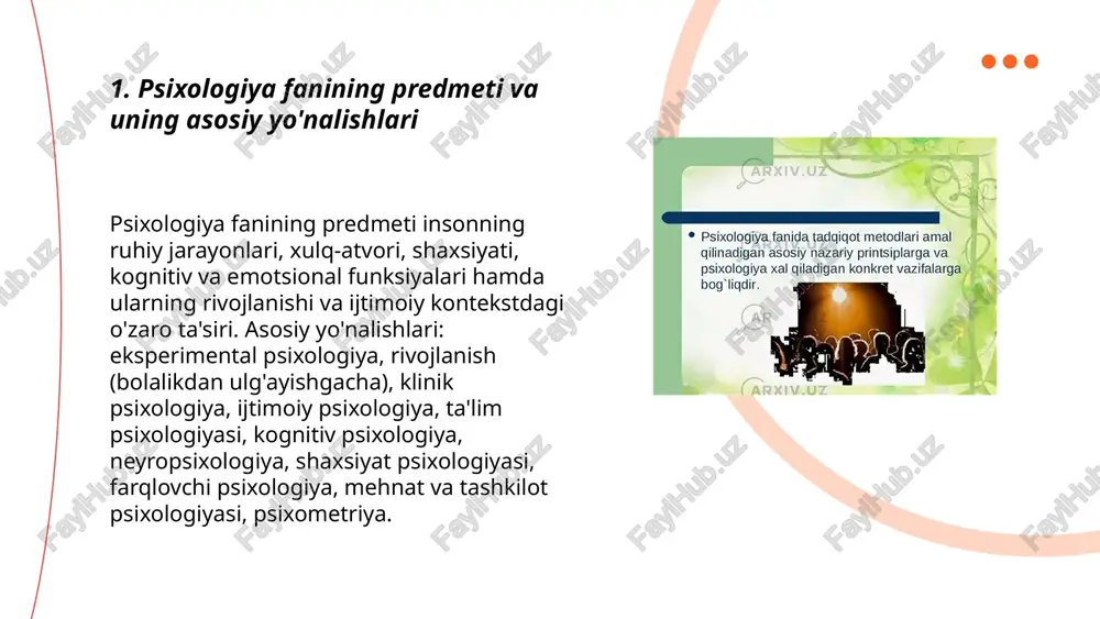ari eksperimental metod: dizayn, boshqaruv va nazorat tamoyillari. dizayn: mustaqil o'zgaruvchi, qaram o'zgaruvchi, tasodifiylashtirish, guruhlar (1:nazorat, 2:tajriba). boshqaruv: standartlashtirish, protsedura birxilligi, blinding (bir tomonlama yoki ikki tomonlama). nazorat: nazorat sharoitlari, kuzatuv, ma'lumotlarning qayta ishlanishi va statistik tahlil, xatoliklarni kamaytirish, replikatsiya. etika, namunaviy hajm va kuch (power) eksperiment ishonchliligini ta'minlaydi. ... t.me/slaydai_bot psixodiagnostika — shaxsning psixologik xususiyatlarini o‘lchash va baholash tizimi. testlar: normativ va kriteriyli, kognitiv, shaxsiylik va qobiliyat testlari. psixometrika asosiy parametrlar: ishonchlilik (reliability), haqiqiylik (validity), standartlashtirish, normalar, predmetiy tahlil va faktor tahlili. baholash usullari: kuzatuv, klinik intervyu, anketalar, xulq-atvor testlari, kompyuterlashtirilgan sinovlar. ballash, skorlash va talqin qilish qoidalari, madaniy adolat va axloqiy tamoyillar (rozilik, maxfiylik) muhim hisoblanadi. 1-mavzu: psixologiya fanini predmeti va vazifalari. psixologiya fanining ilmiy tadqiqot metodlari. tolibdjonova mohinur e'tiboringiz uchun raxmat! image1.png image2.png image3.png image4.jpg image5.png image6.jpg image7.jpg /docprops/thumbnail.jpeg