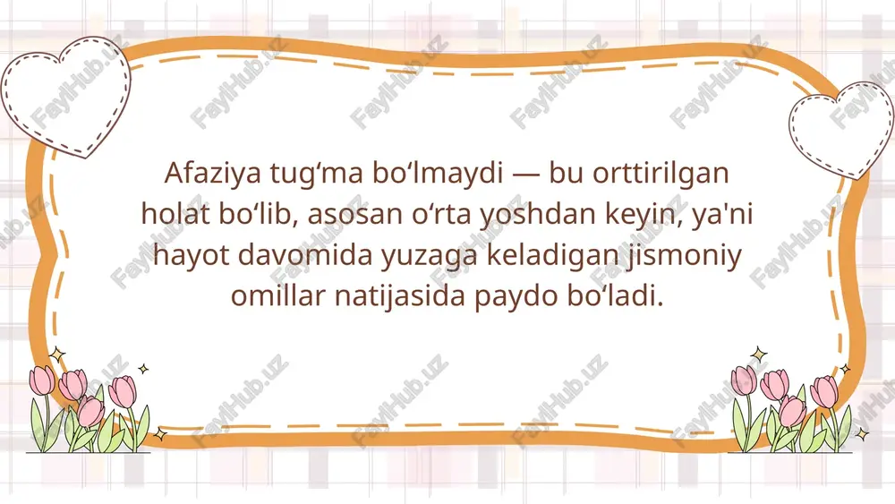 oladi, ammo o‘zi mavzu rivojlantira olmaydi. so‘z boyligi, talaffuz, grammatik tuzilma saqlangan yoki yengil buzilgan. dinamik afaziya — bu nutqni boshlash, rejalashtirish va izchil tarzda bayon qilish qiyinlashadigan holat bo‘lib, bemor mustaqil fikr bildira olmaydi yoki faqat qisqa, sodda gaplar bilan cheklanadi, lekin savollarga javob bera oladi va so‘zlarni tanishsa, ayta oladi. afaziyaning kelib chiqish sabablari 1. insult (miya qon aylanishining buzilishi) eng keng tarqalgan sabab bu insultdir. miya tomirlari to‘silib qolishi yoki qon quyilishi natijasida til uchun mas’ul hududlar qon bilan ta’minlanmaydi va miya to‘qimalari nobud bo‘ladi. natijada bemor so‘zlay olmay qoladi yoki boshqalarning gapini tushunmaydi. 2. travmatik miya shikastlanishlari ba’zida yo‘l-transport hodisasi, urilish, yiqilish yoki sportdagi zarbalar natijasida miya to‘qimalari shikastlanadi. agar zararlangan soha nutq markazlariga yaqin bo‘lsa, afaziya rivojlanadi. 3. miya o‘smalari bosh miya ichida rivojlangan o‘sma (yaxshi yoki yomon xulqli bo‘lishidan qat’i nazar) til va nutq faoliyatini boshqaruvchi sohalarga bosim o‘tkazadi yoki ularni shikastlaydi, bu esa …