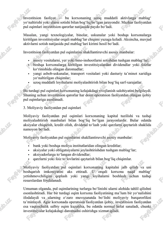 ish faoliyatidan olinadigan real naqd mablag‘larni aks ettiradi. agar ushbu oqim ijobiy bo‘lsa, demak korxona o‘z faoliyatidan barqaror daromad olayotgan bo‘ladi. operatsion pul oqimlarini shakllantiruvchi asosiy manbalar: mahsulot yoki xizmatlar sotishdan tushgan tushumlar; · xaridorlar tomonidan amalga oshirilgan to‘lovlar; · soliq qaytimi yoki subsidiya shaklidagi tushumlar; · ishlab chiqarish xarajatlariga sarflanadigan naqd chiqimlar (xom ashyo, material, ish haqi, energiya va boshqalar). 2. investitsion faoliyatdan pul oqimlari investitsion faoliyat — bu korxonaning uzoq muddatli aktivlarga mablag‘ yo‘naltirishi yoki ularni sotishi bilan bog‘liq bo‘lgan jarayondir. mazkur faoliyatdan pul oqimlari investitsion qarorlar natijasida paydo bo‘ladi. masalan, yangi texnologiyalar, binolar, uskunalar yoki boshqa korxonalarga kiritilgan investitsiyalar orqali mablag‘lar chiqimi yuzaga keladi. aksincha, mavjud aktivlarni sotish natijasida pul mablag‘lari kirimi hosil bo‘ladi. investitsion faoliyatdan pul oqimlarini shakllantiruvchi asosiy manbalar: · asosiy vositalarni, yer yoki bino-inshootlarni sotishdan tushgan mablag‘lar; · boshqa korxonalarga kiritilgan investitsiyalardan dividendlar yoki foizlar ko‘rinishida olingan daromadlar; · yangi asbob-uskunalar, transport vositalari yoki …