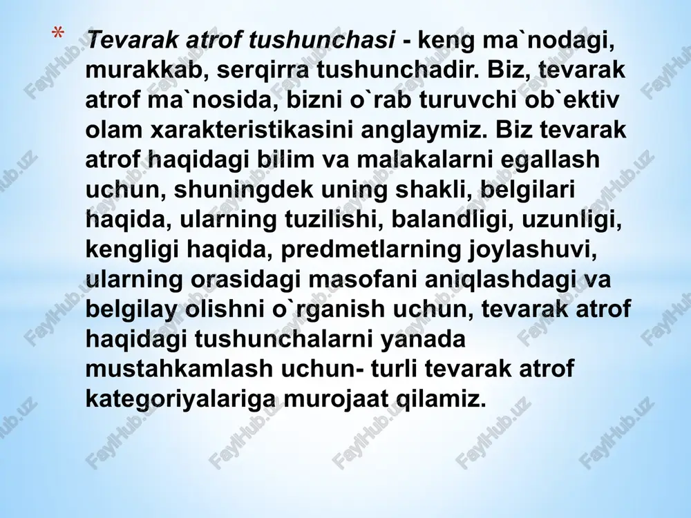 i bu tomonlar: yuqoriga, pastga, oldinga, orqaga, o`ngga, chapga. shunday qilib bog`cha yoshi tevarak atrofning tomonlarini, nomlarini so`z bilan belgilash sistemasi davridir. bola qanday qilib bundan foydalanadi? kuzatishlardan shu narsa ayon bo`ldiki yuqorida degan so`zda bola - boshi turgan tomonni, pastda esa - oyoqlari turgan joyni, oldinda - yuzi tomonni, orqasida esa - orqasini, o`ngda - o`ng qo`li qayerda bo`lsa o`sha tomonni, chapda - chap qo`li qaerda bo`lsa o`sha yerni idrok qilgan. o`z tanasi bo`yicha tevarak - atrofni idrok qilish bu boshlang`ich idrok bo`lib xizmat qiladi. asosiy tomonlarni 3 ta gruppasi, qaysiki odam tanasining turli qismlari bo`yicha eng birinchi bo`lib yuqori farqlanadi. bunda bola, tanasi vertikal holatida aniqlaydi. qolganlari esa kechroq aniqlanadi va farqlanadi bola tomonidan. bola tomonlarining juft, qarama qarshi tomonlarini gruppasini o`zlashtirsa ham, hali u uning aniqligida yanglishadi. maktabgacha tarbiya yoshidagi bolalar bilan tevarak atrofni o`rganish. maktabgacha tarbiya yoshidagi bolalar bilan o`tkazilgan tajribalardan shuni ko`rish mumkin-ki bolalar tevarak …