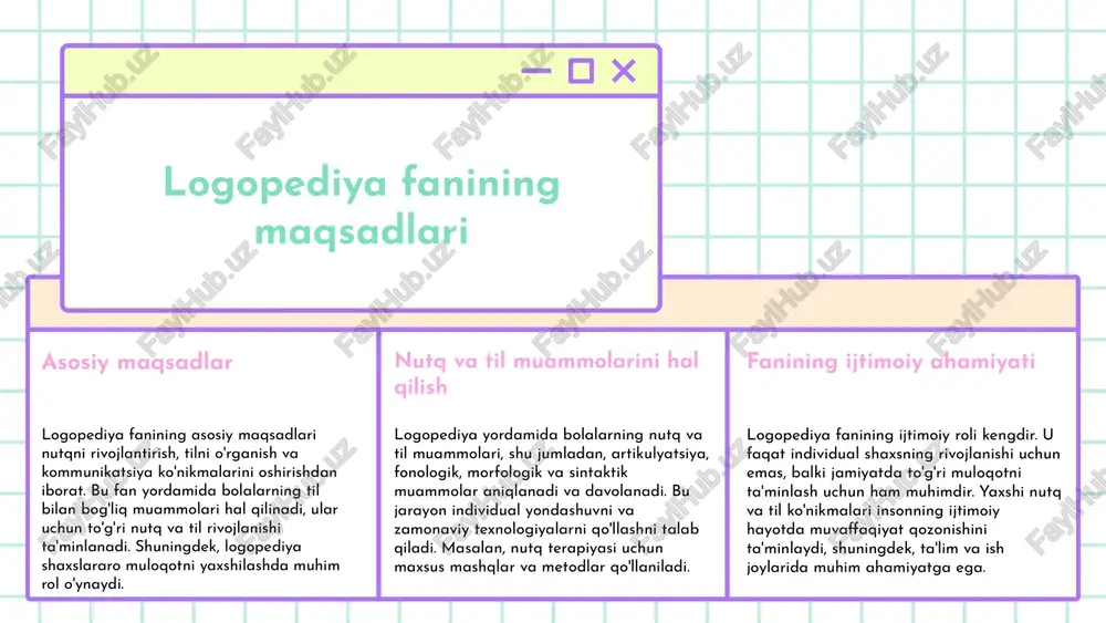 oslar nutq va ovoz patologiyalarini tushunish uchun asosiy tushunchalar to‘plamidir. bu fan ilmiy asoslarga ega bo‘lib, nutq muammolarining sabablarini aniqlash va ularni hal qilish uchun muhimdir. logopedik asoslarning asosiy tushunchalari orasida nutq jarayoni, ovoz ishlab chiqarish mexanizmlari, nutq rivojlanishi, nutq muammolarining tasnifi va baholash usullari mavjud. bu tushunchalar diagnostika va davolashda qo‘llaniladi. logopedik asoslar muhim ahamiyatga ega, chunki ular nutq va ovoz muammolarini aniqroq tushunishga yordam beradi va muolaja jarayonini samarali qilish uchun asosiy bilimlarni taqdim etadi. bu fan pedagoglar va psixologlar uchun ham muhimdir. logopedik asoslarning amaliy qo‘llanilishi nutq terapiyasi, o‘quv jarayonlari va shaxsiy rivojlanishda muhim ahamiyat kasb etadi, shuningdek, yangi texnologiyalar va metodlarni o‘rganishda asos bo‘lib xizmat qiladi. logopediya va psixologiya aloqalar psixologik omillar, masalan, emotsiyalar, o'z-o'zini ishonch, ijtimoiy muhit va motivatsiya, nutq rivojlanishiga ta'sir qiladi. psixologik omillar emotsiyalar, stress, motivatsiya, ijtimoiy muhit va o'z-o'zini ishonch kabi psixologik omillar nutq rivojlanishida muhim rol o'ynaydi. logopedik yondashuvlar psixologik metodlar …